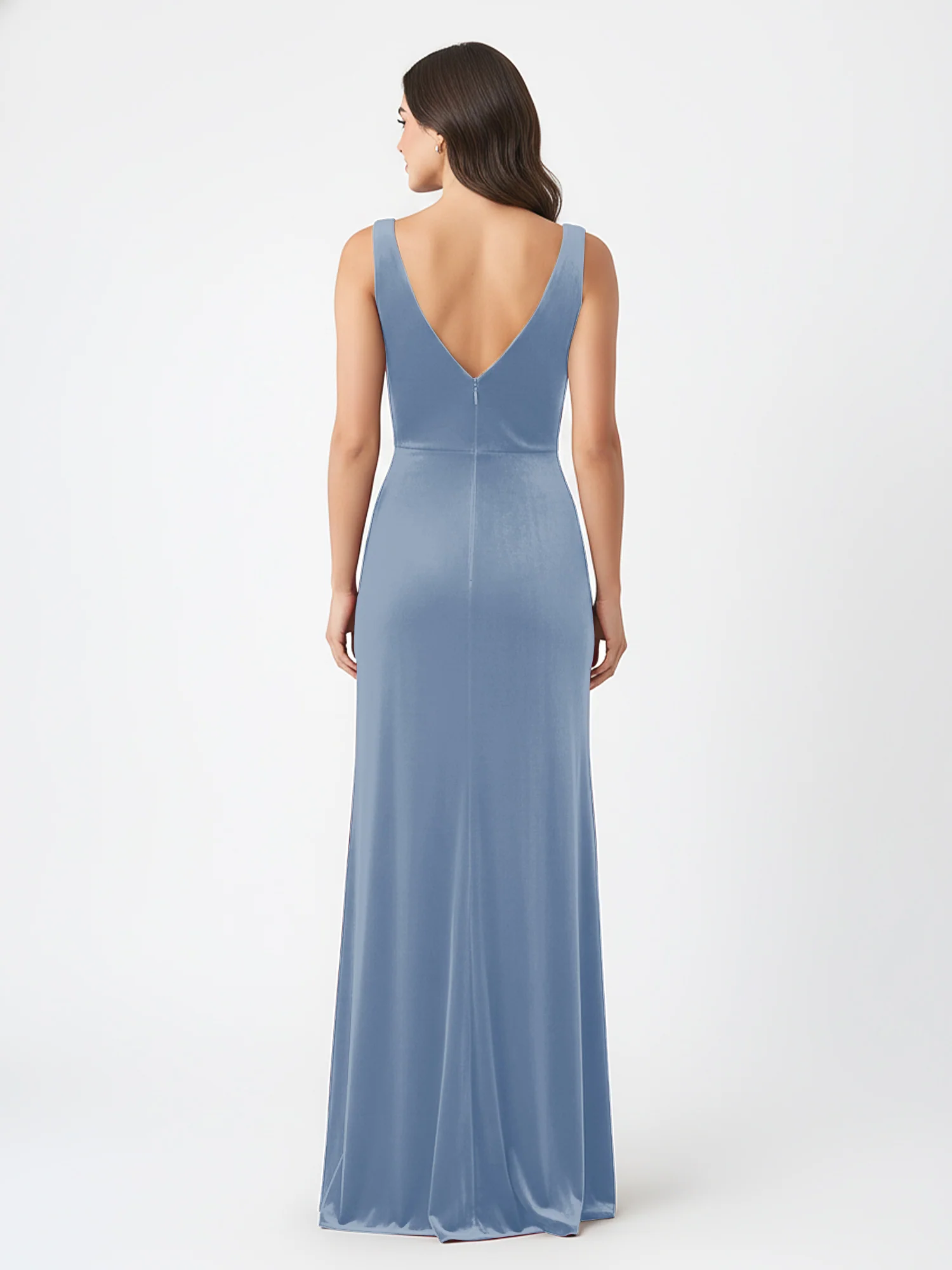 Sheath Deep V-Neck Sleeveless Velvet Dresses Dusty Blue - Image 2