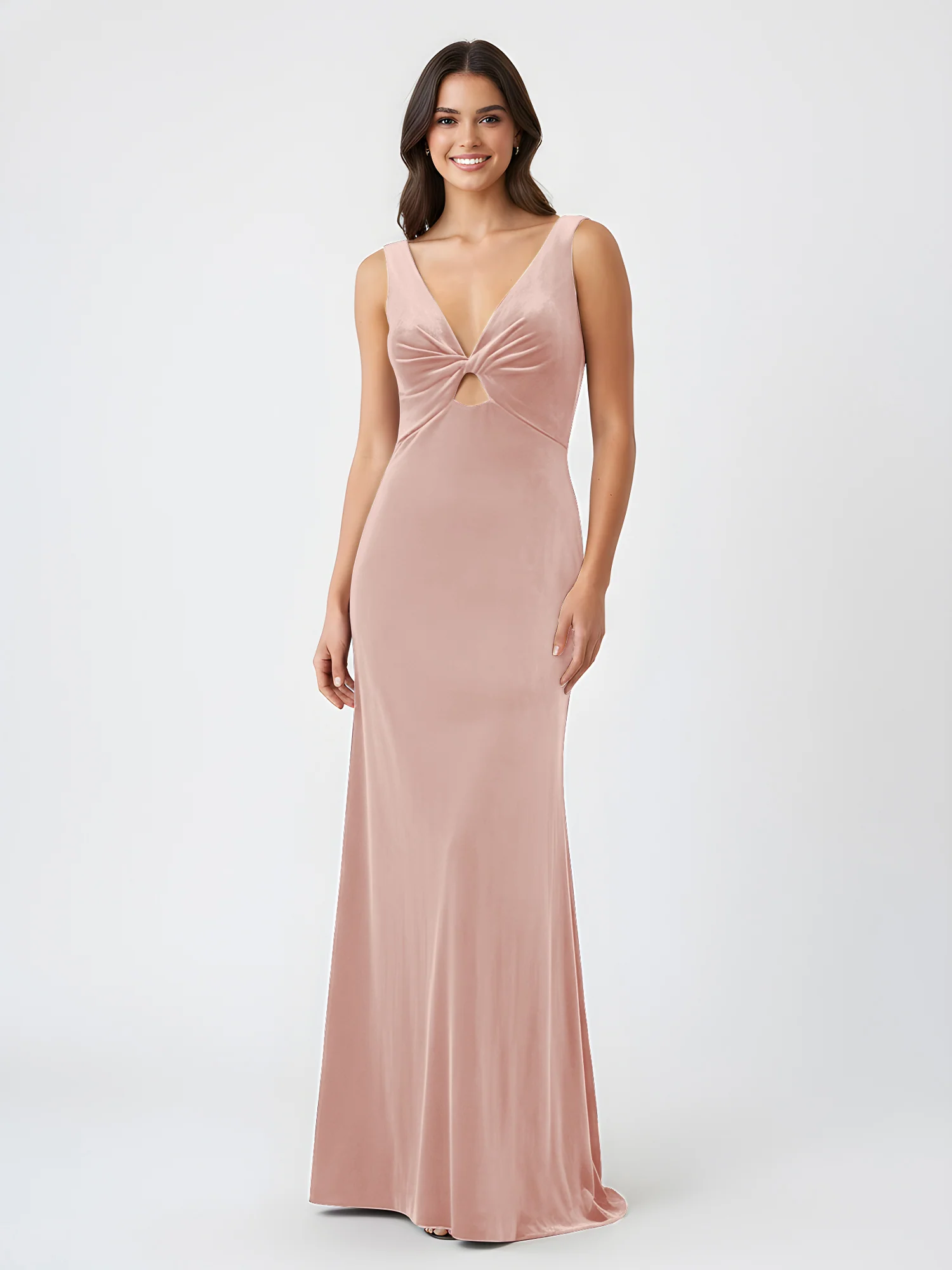 Sheath Deep V-Neck Sleeveless Velvet Dresses Pearl Pink