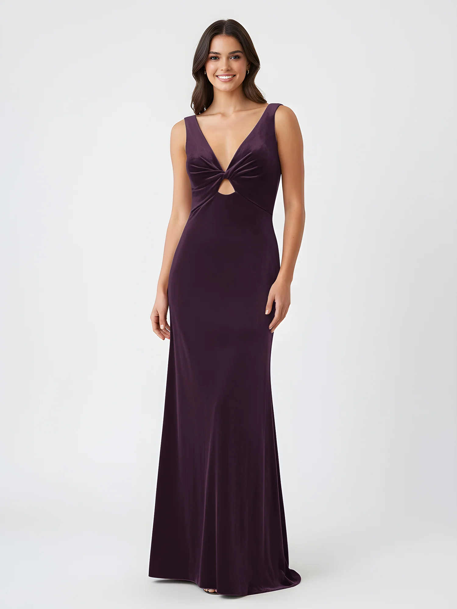 Sheath Deep V-Neck Sleeveless Velvet Dresses Plum