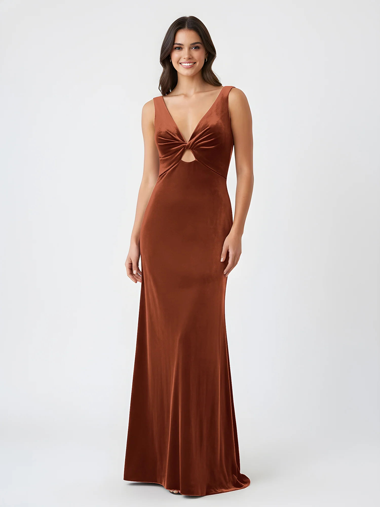 Sheath Deep V-Neck Sleeveless Velvet Dresses Rust