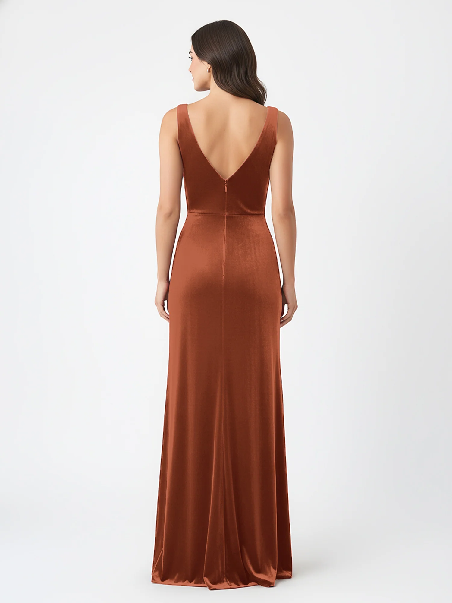 Sheath Deep V-Neck Sleeveless Velvet Dresses Rust - Image 2