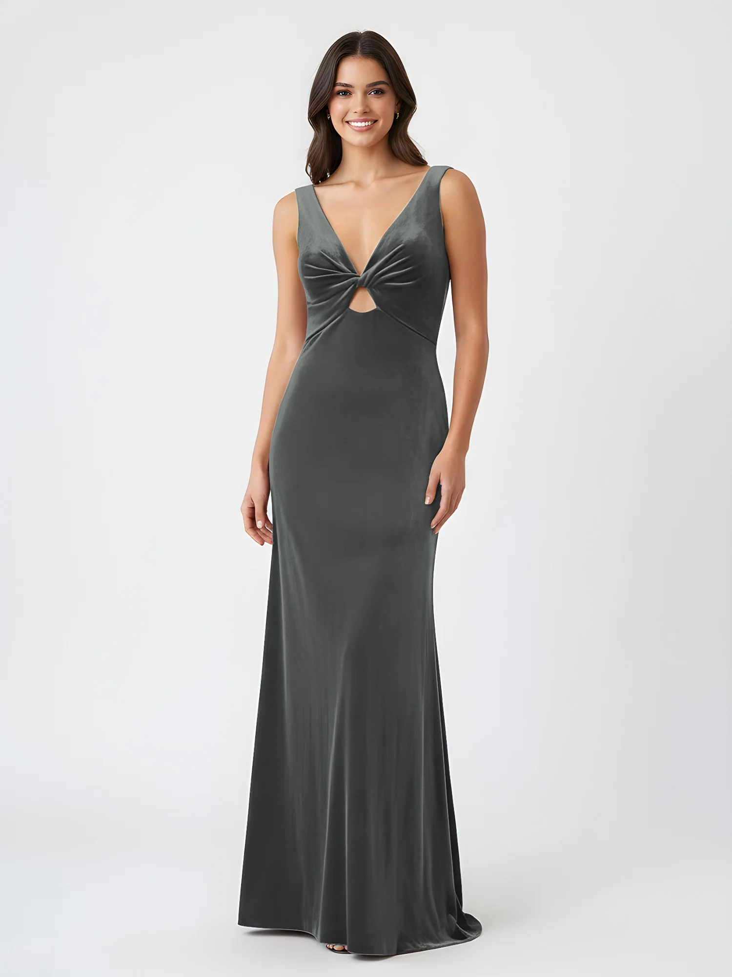 Sheath Deep V-Neck Sleeveless Velvet Dresses Steel Grey