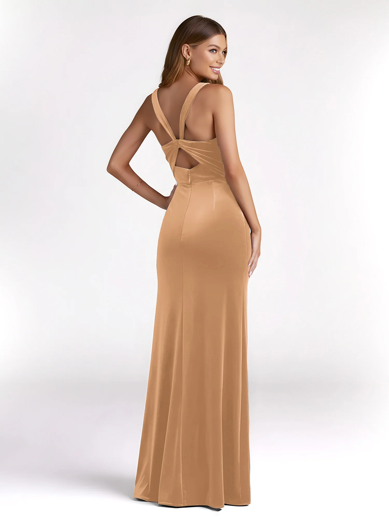 Sheath Square Neck Velvet Pleated Dresses With Slit Champagne - Image 2