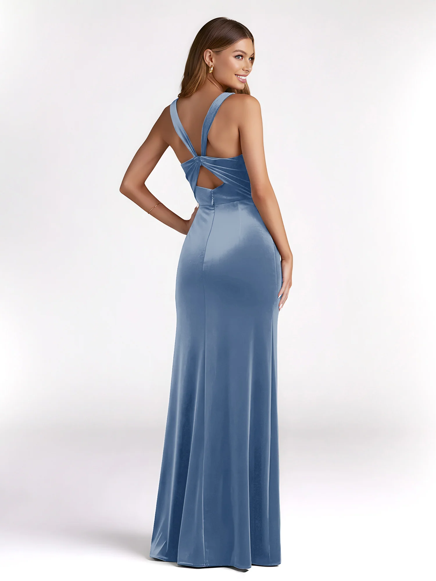 Sheath Square Neck Velvet Pleated Dresses With Slit Dusty Blue - Image 2