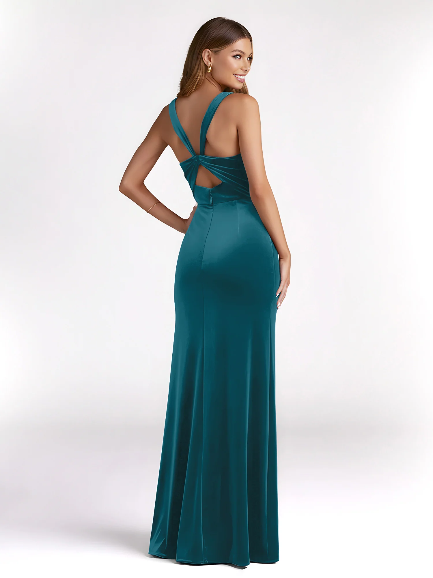 Sheath Square Neck Velvet Pleated Dresses With Slit Ink Blue - Image 2