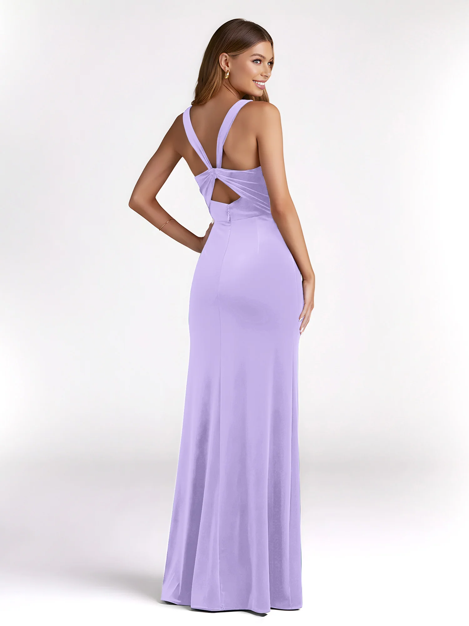 Sheath Square Neck Velvet Pleated Dresses With Slit Lilac - Image 2
