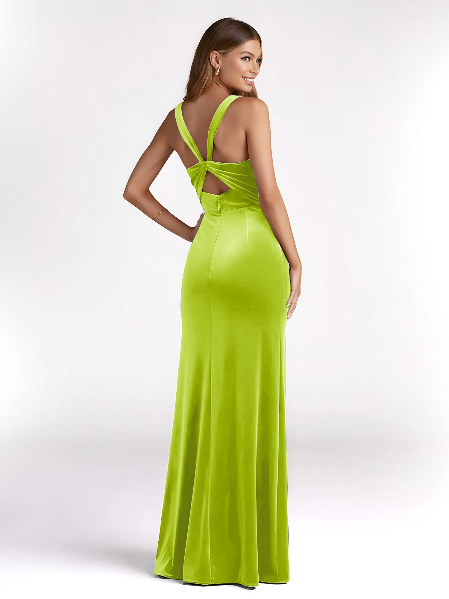 Sheath Square Neck Velvet Pleated Dresses With Slit Lime Green - Image 2