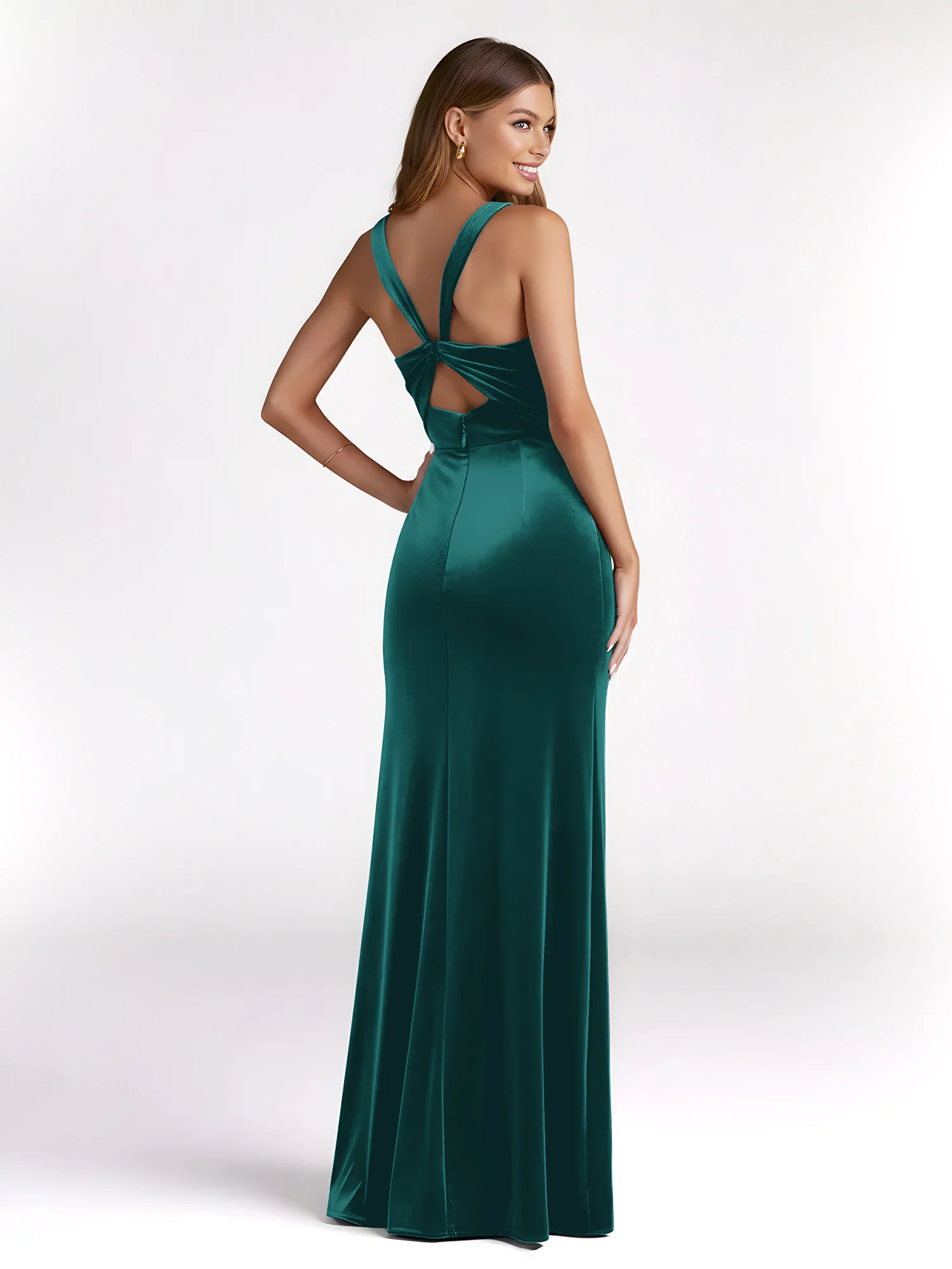 Sheath Square Neck Velvet Pleated Dresses With Slit Peacock - Image 2