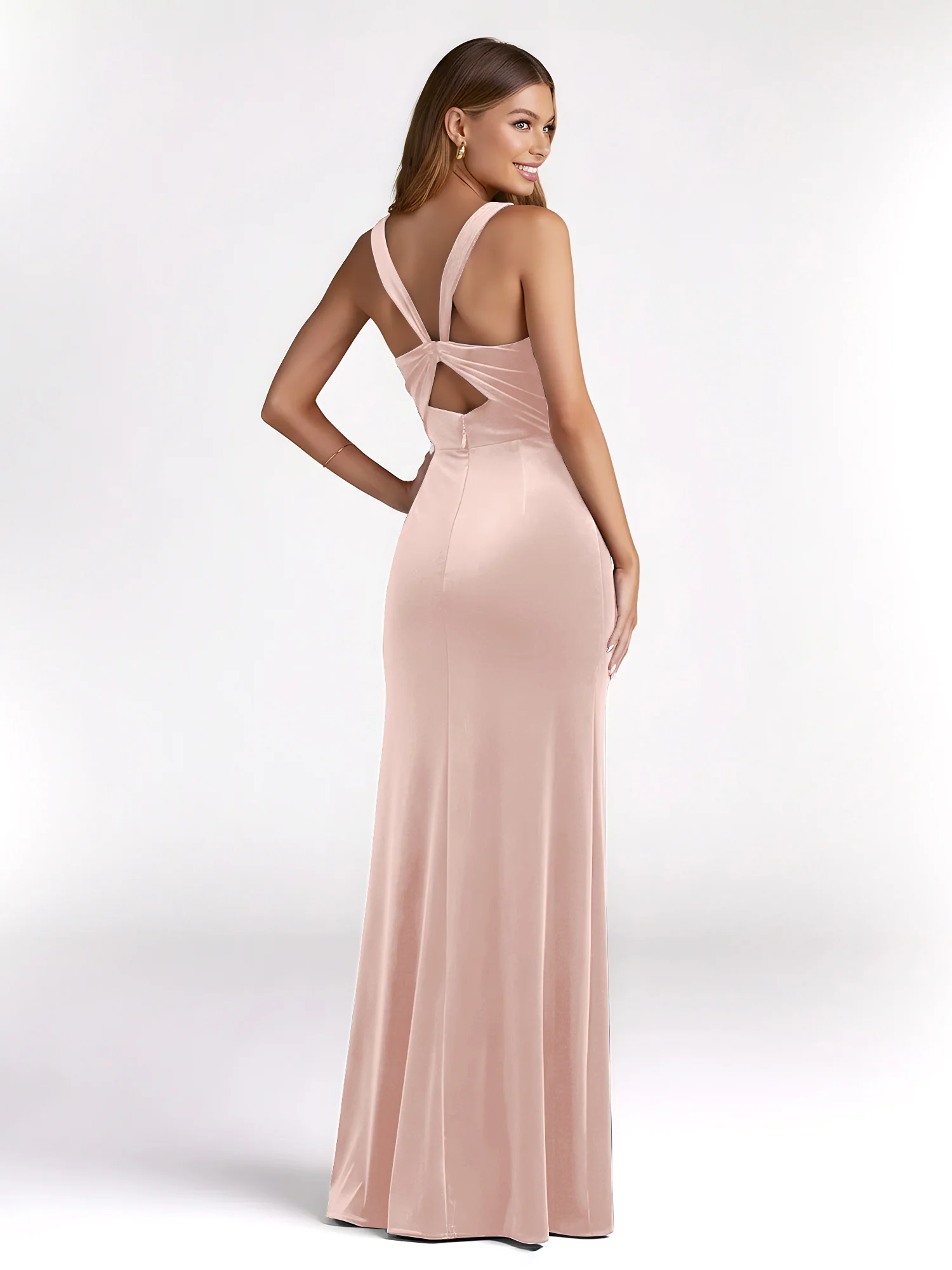 Sheath Square Neck Velvet Pleated Dresses With Slit Pearl Pink - Image 2