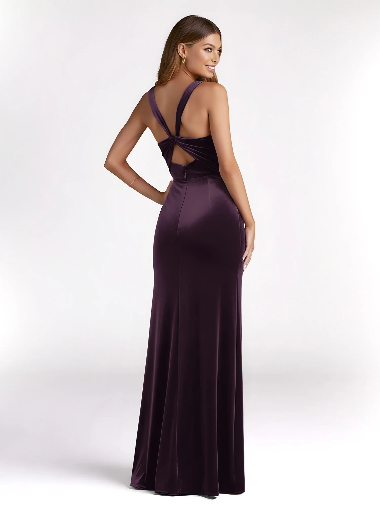 Sheath Square Neck Velvet Pleated Dresses With Slit Plum - Image 2
