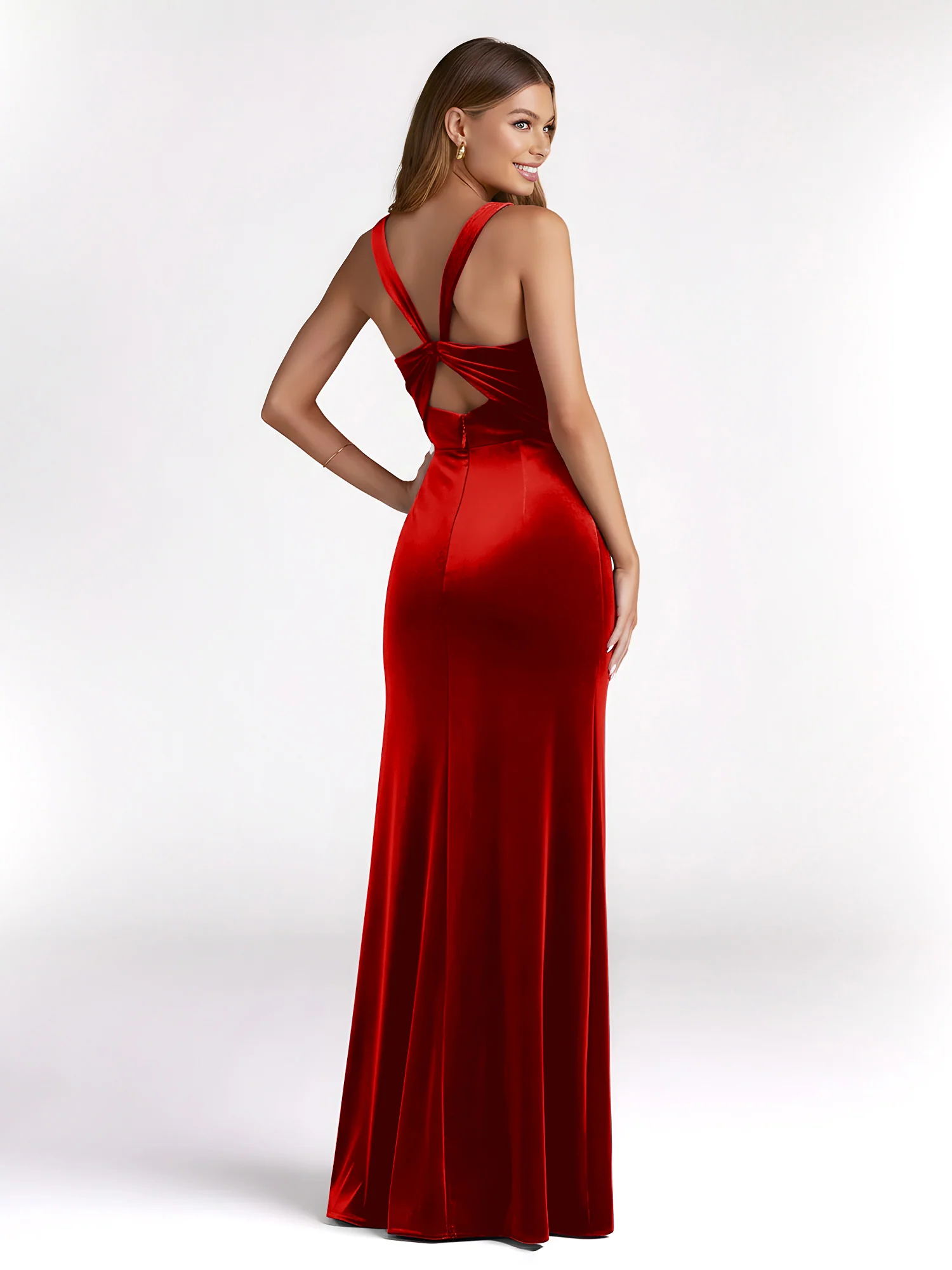 Sheath Square Neck Velvet Pleated Dresses With Slit Red - Image 2