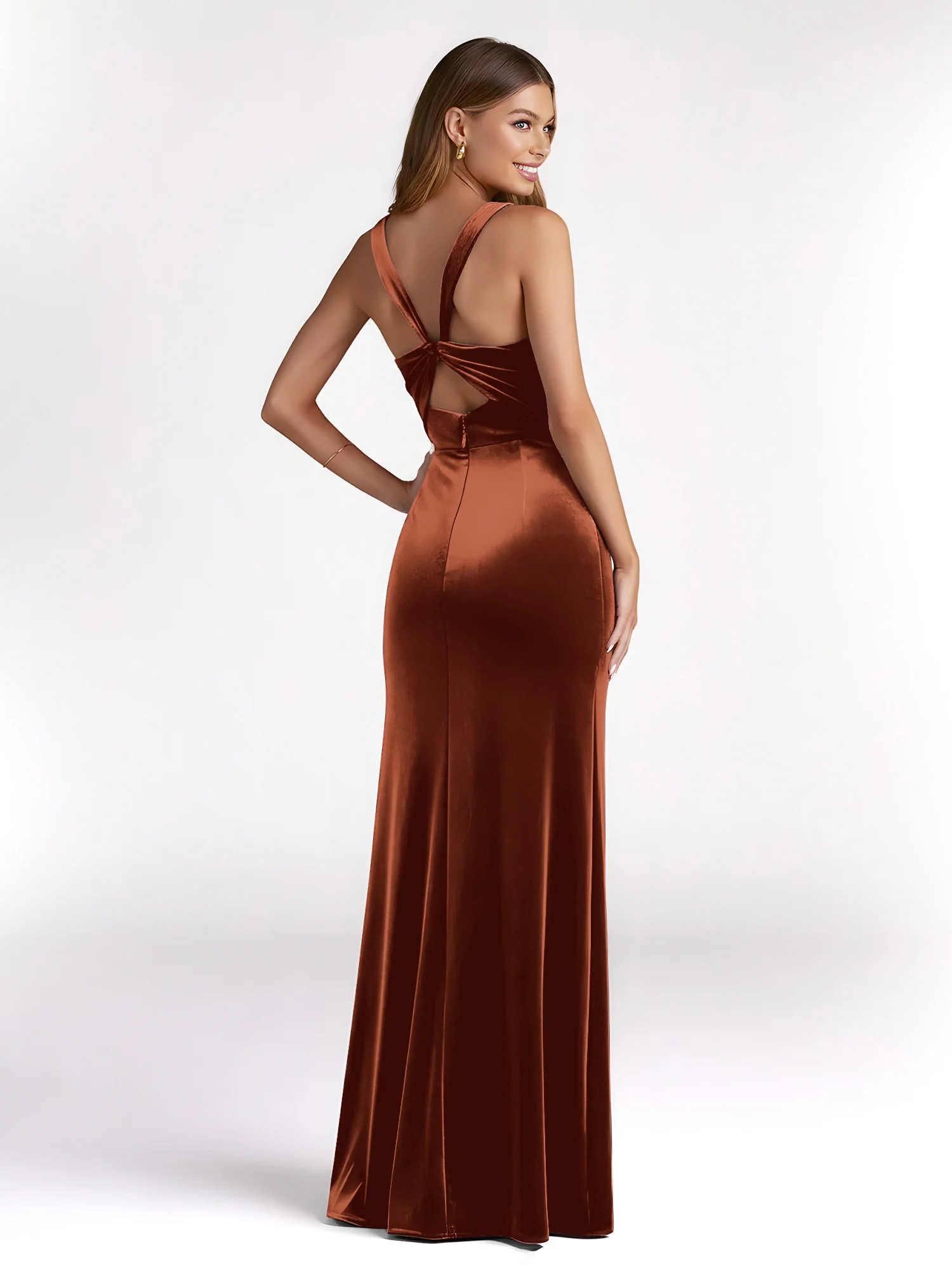 Sheath Square Neck Velvet Pleated Dresses With Slit Rust - Image 2