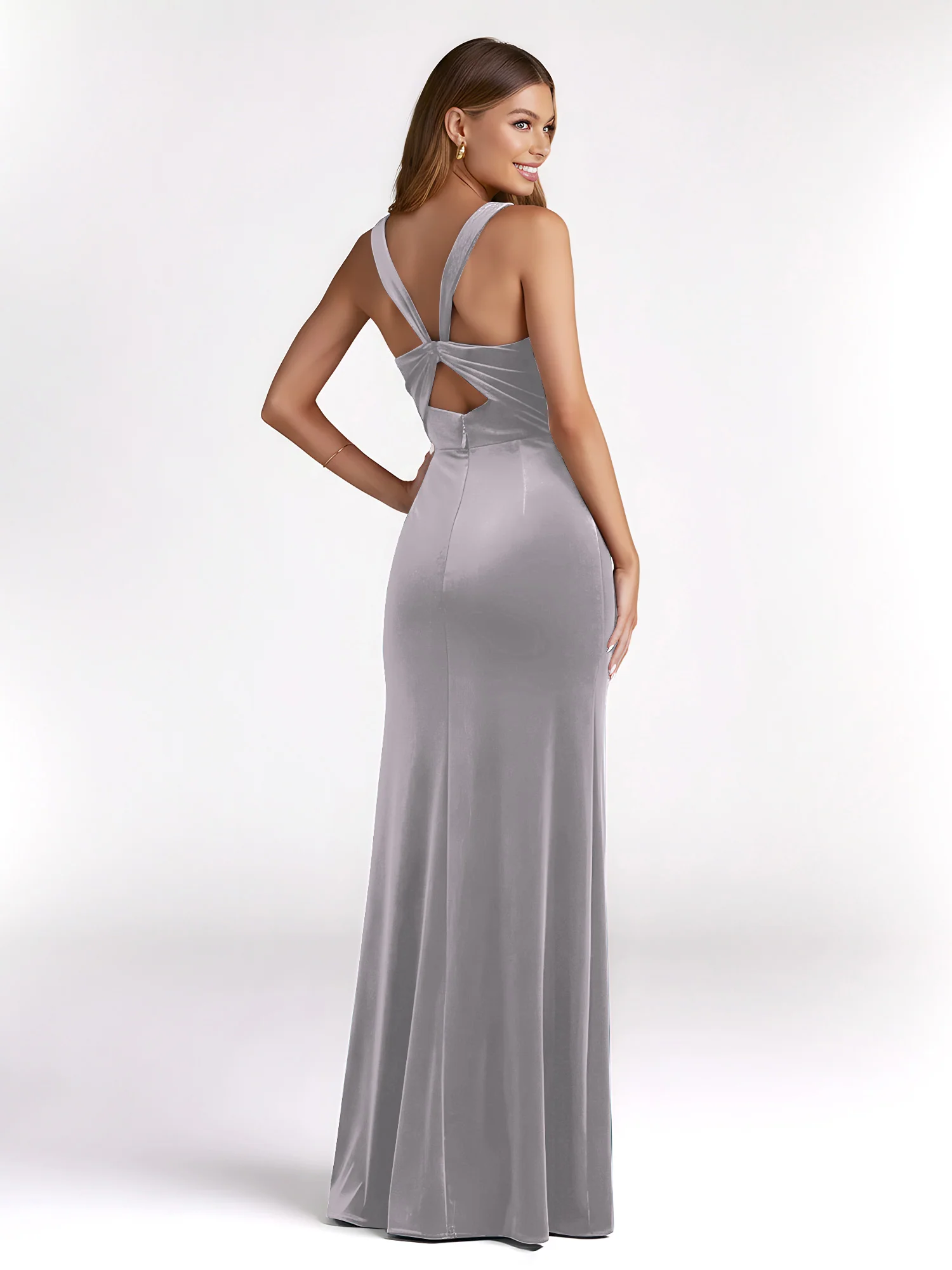 Sheath Square Neck Velvet Pleated Dresses With Slit Silver - Image 2