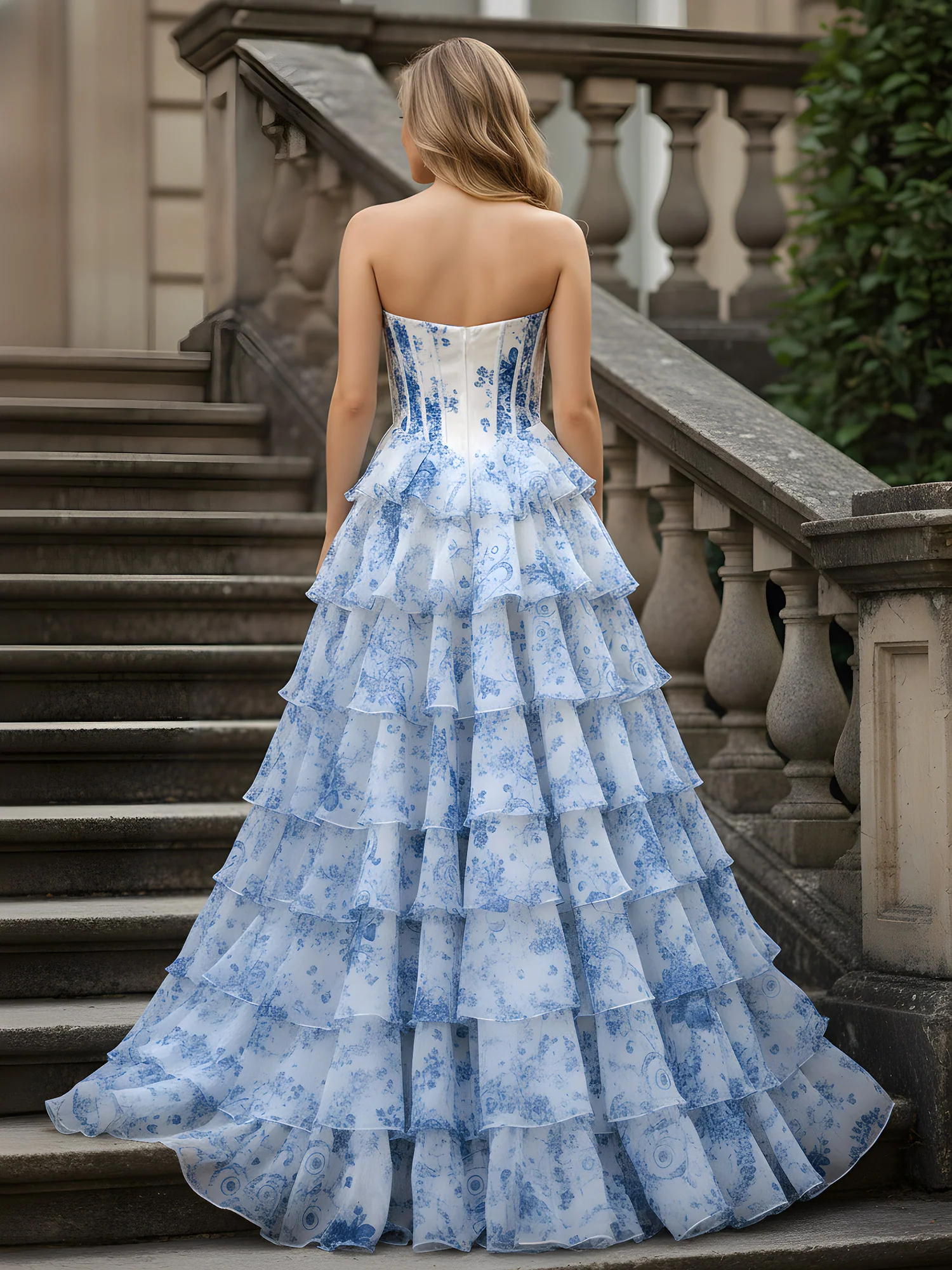 Ruffled Tiered Skirt Gown with Floral Print Organza Blue - Image 2