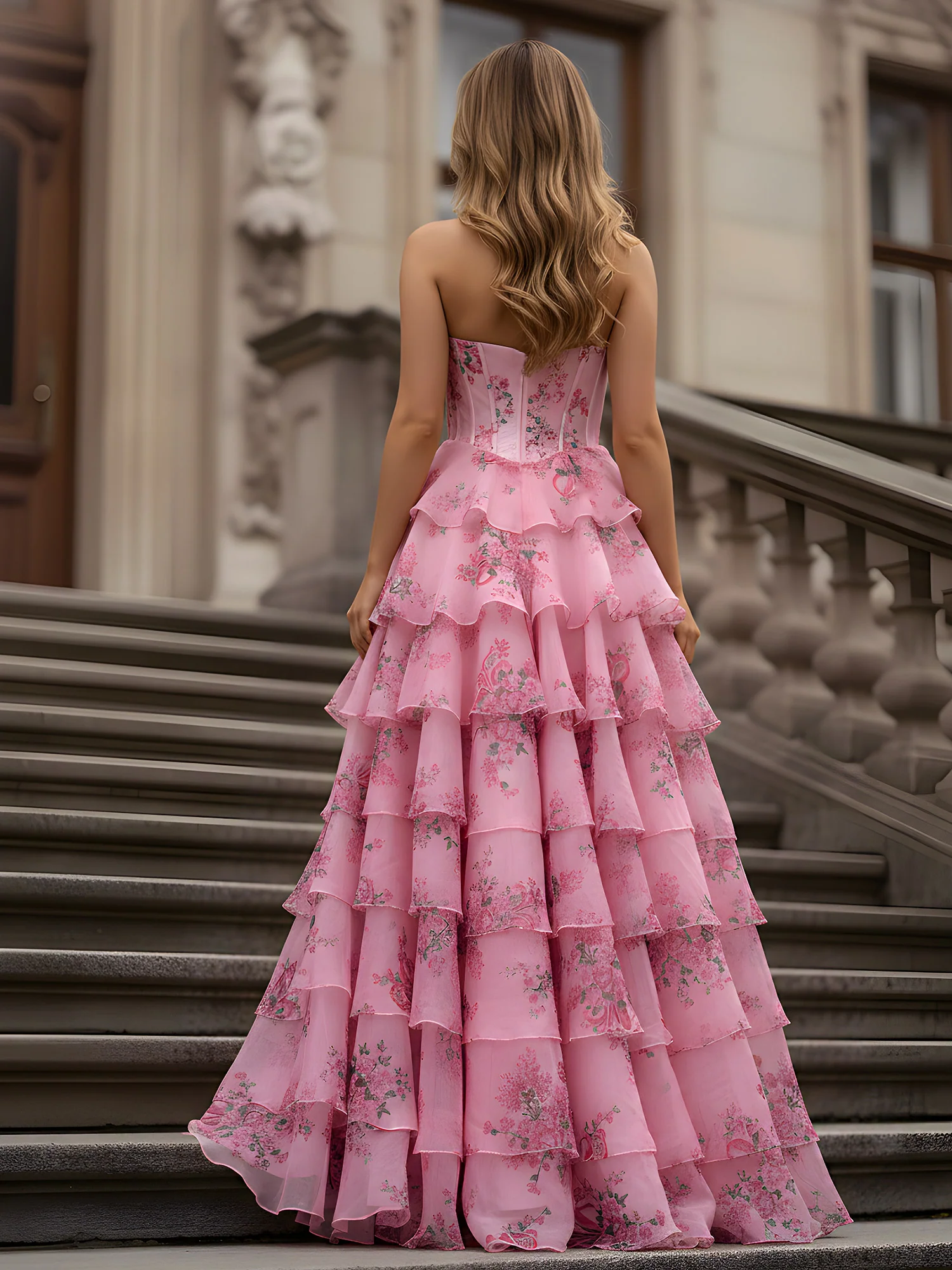 Ruffled Tiered Skirt Gown with Floral Print Organza Pink - Image 2