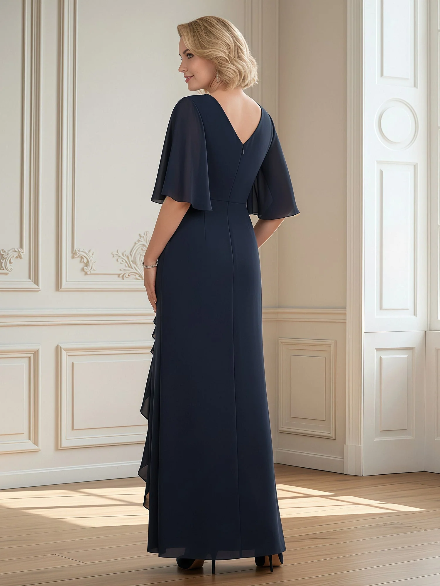 Flutter Sleeves Pleated Ruffle Long Dress With Slit Tangerine - Image 2