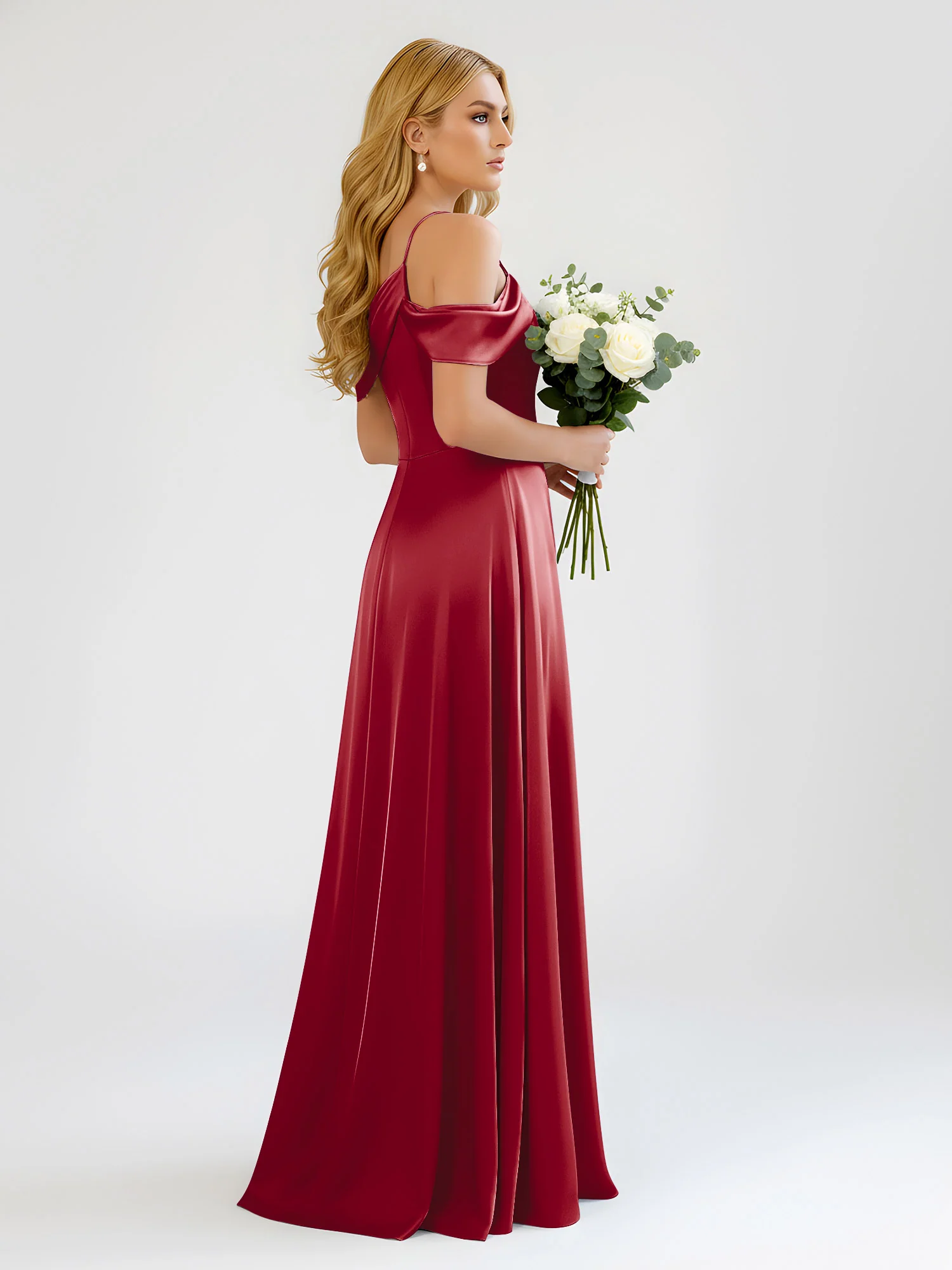 One-Shoulder Drape Satin Slit A-Line Gown Burgundy - Image 2
