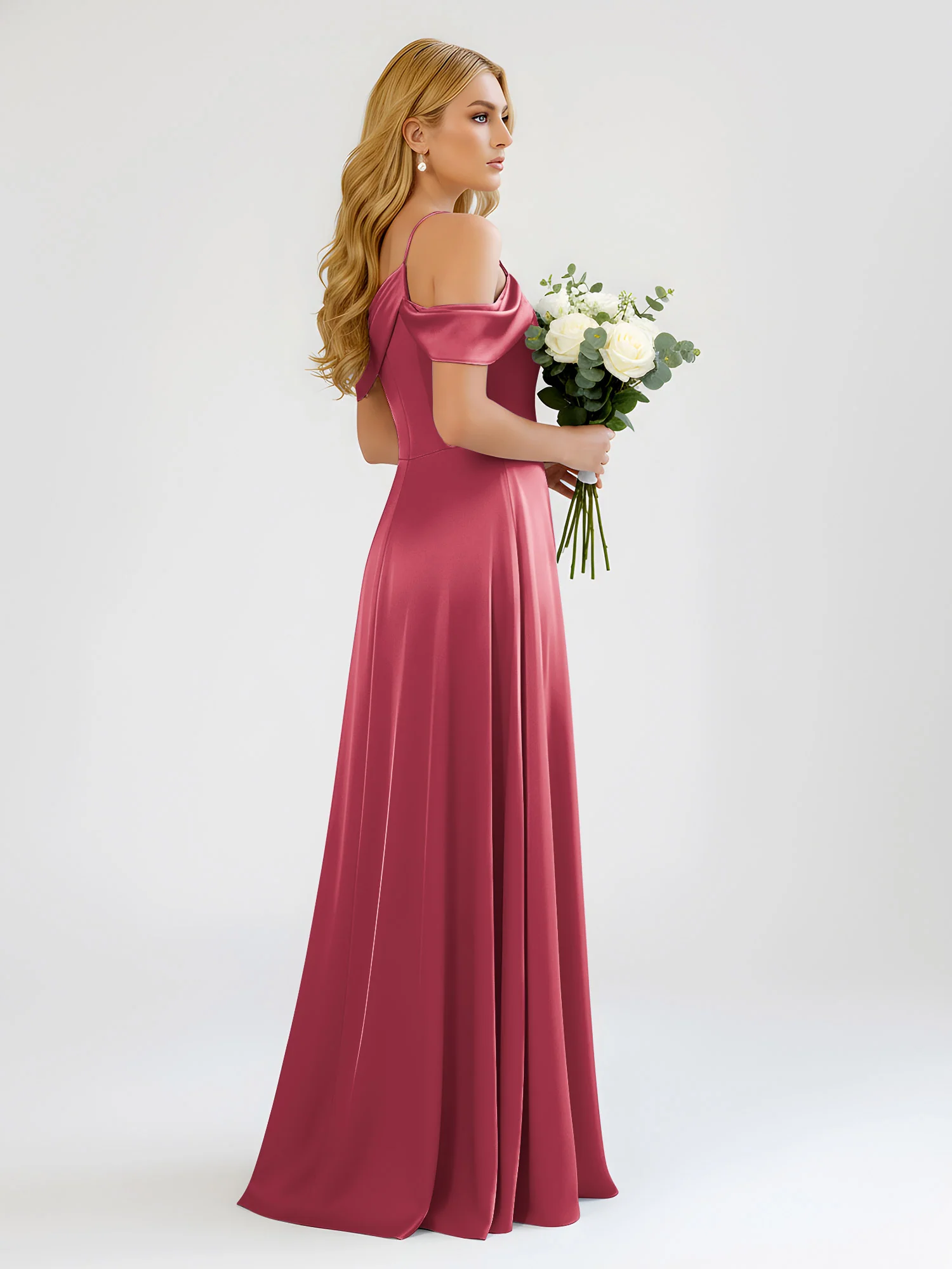 One-Shoulder Drape Satin Slit A-Line Gown Cinnamon Rose - Image 2