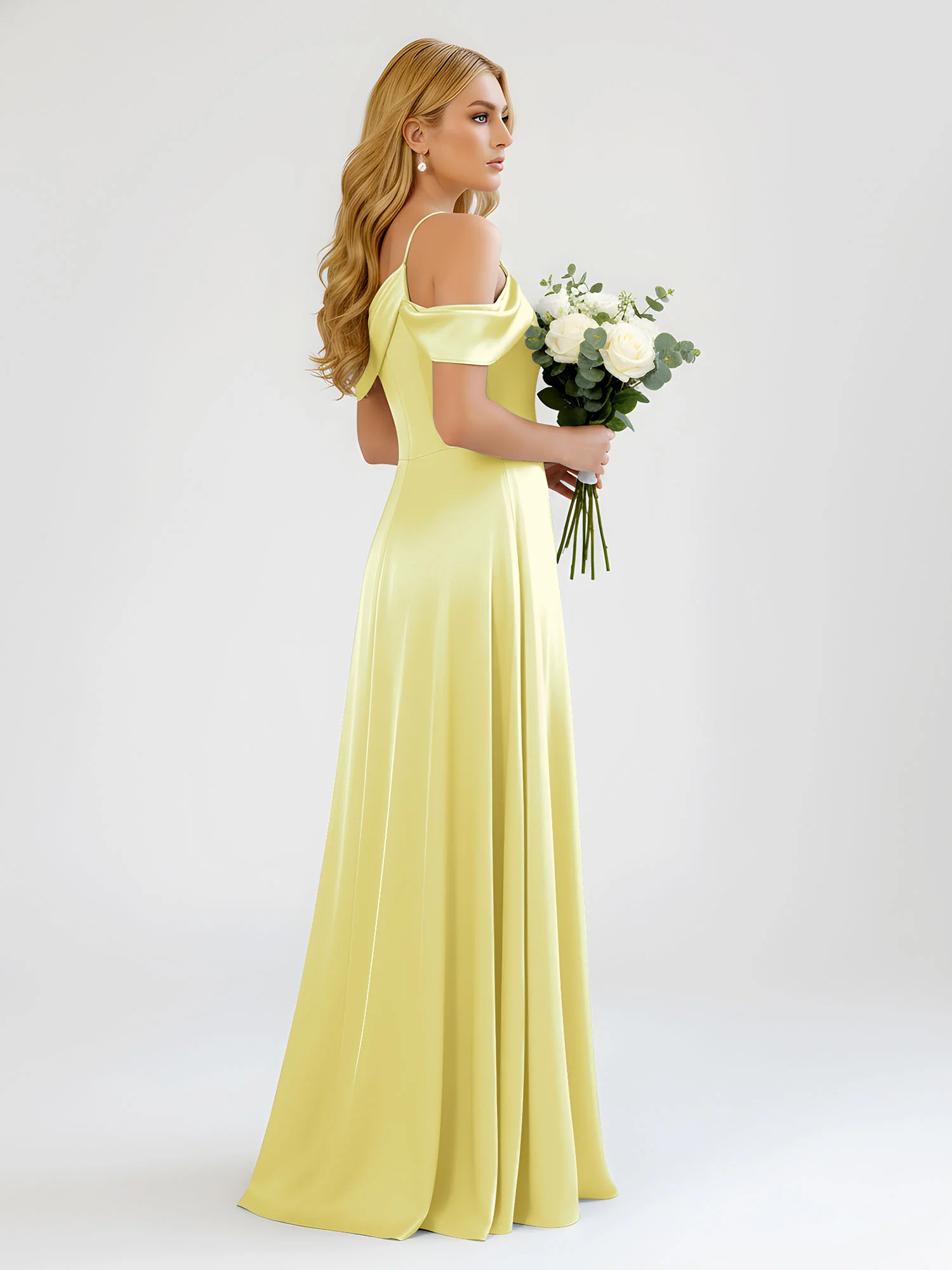One-Shoulder Drape Satin Slit A-Line Gown Daffodil - Image 2