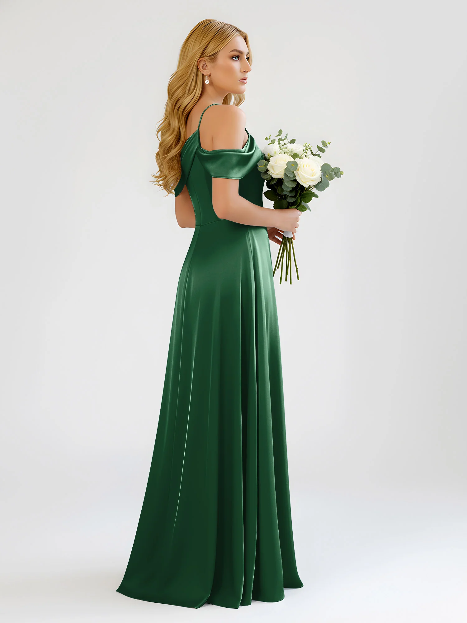 One-Shoulder Drape Satin Slit A-Line Gown Dark Green - Image 2