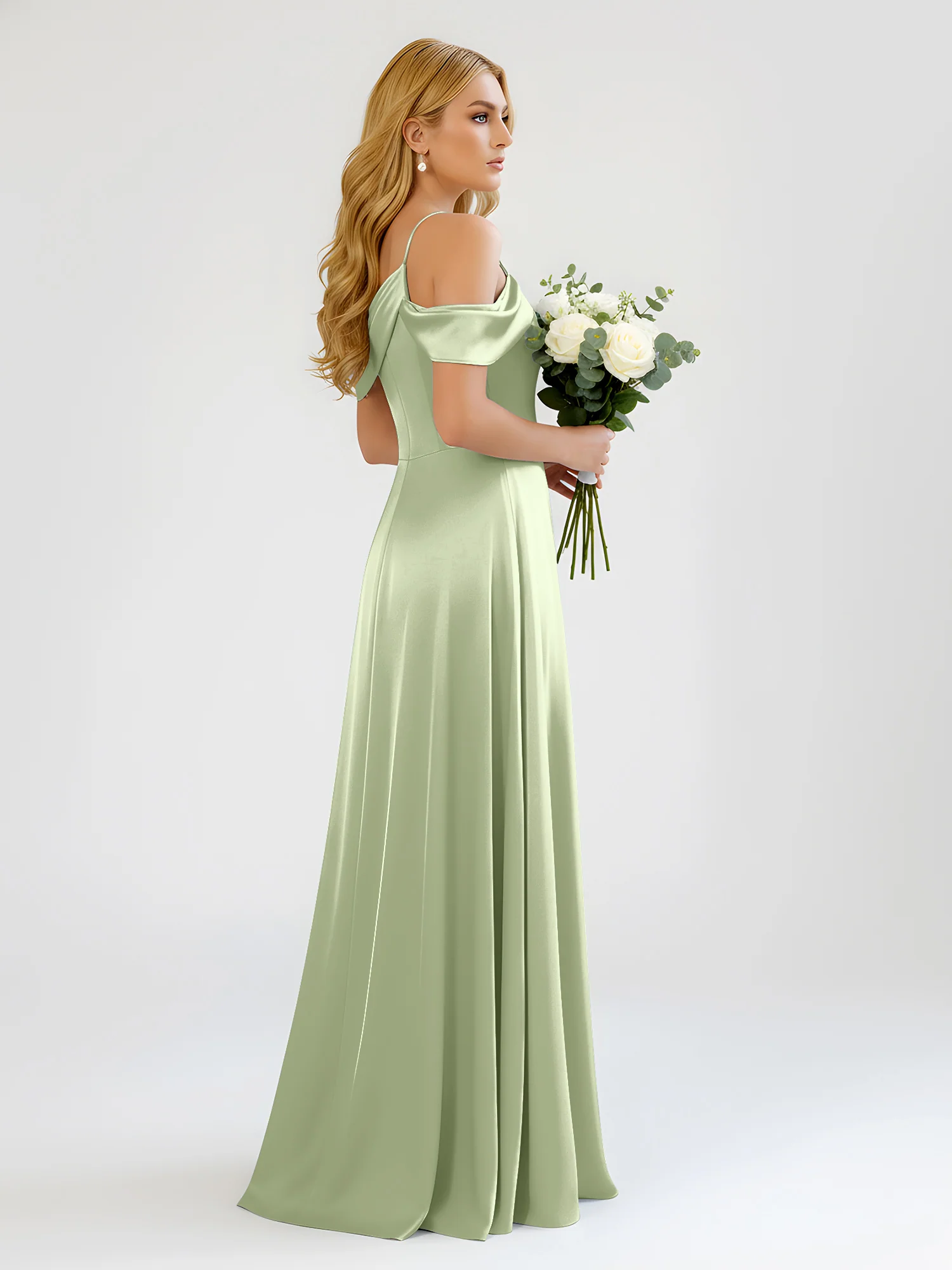One-Shoulder Drape Satin Slit A-Line Gown Dusty Sage - Image 2