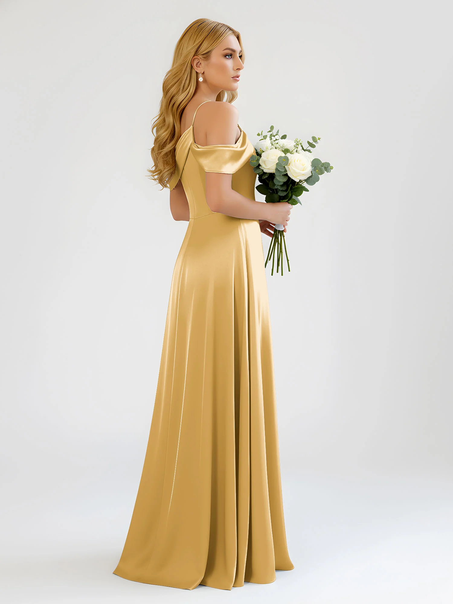 One-Shoulder Drape Satin Slit A-Line Gown Gold - Image 2