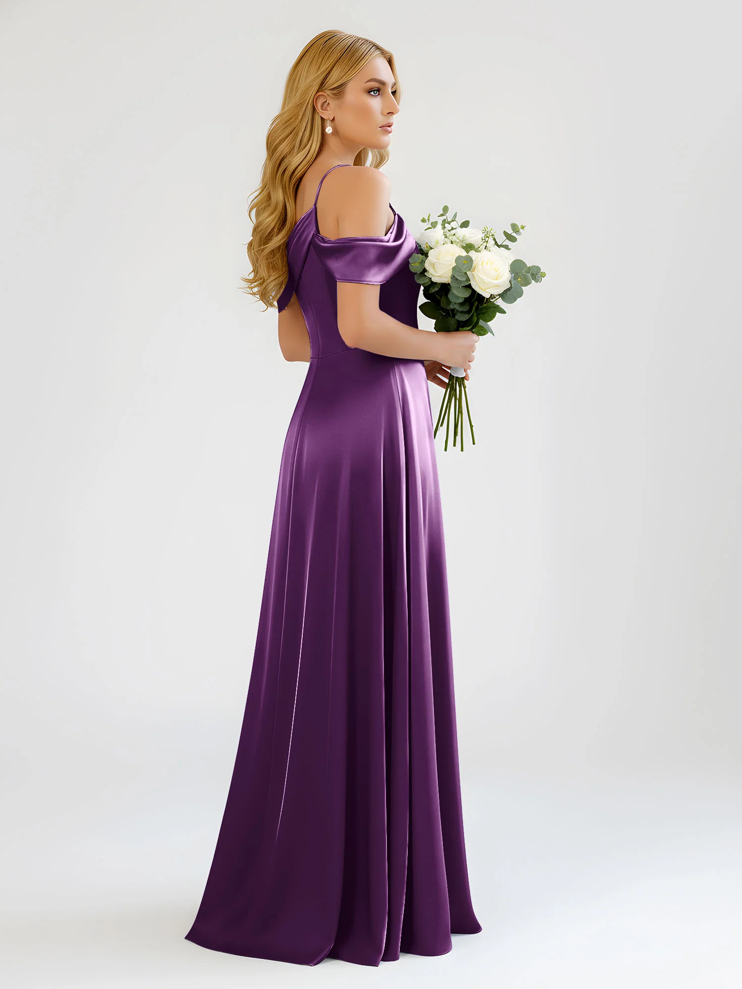 One-Shoulder Drape Satin Slit A-Line Gown Grape - Image 2