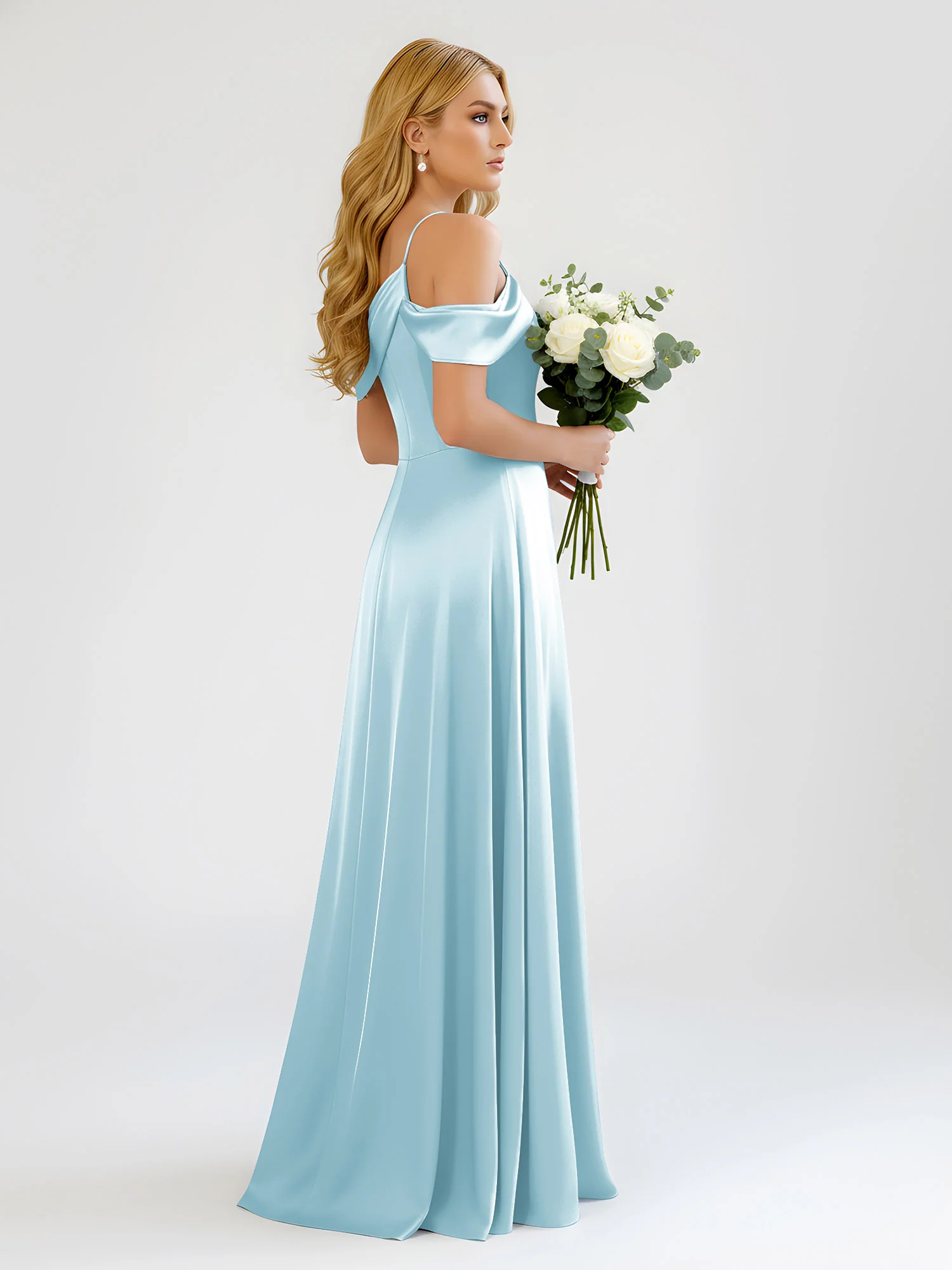 One-Shoulder Drape Satin Slit A-Line Gown Mist - Image 2