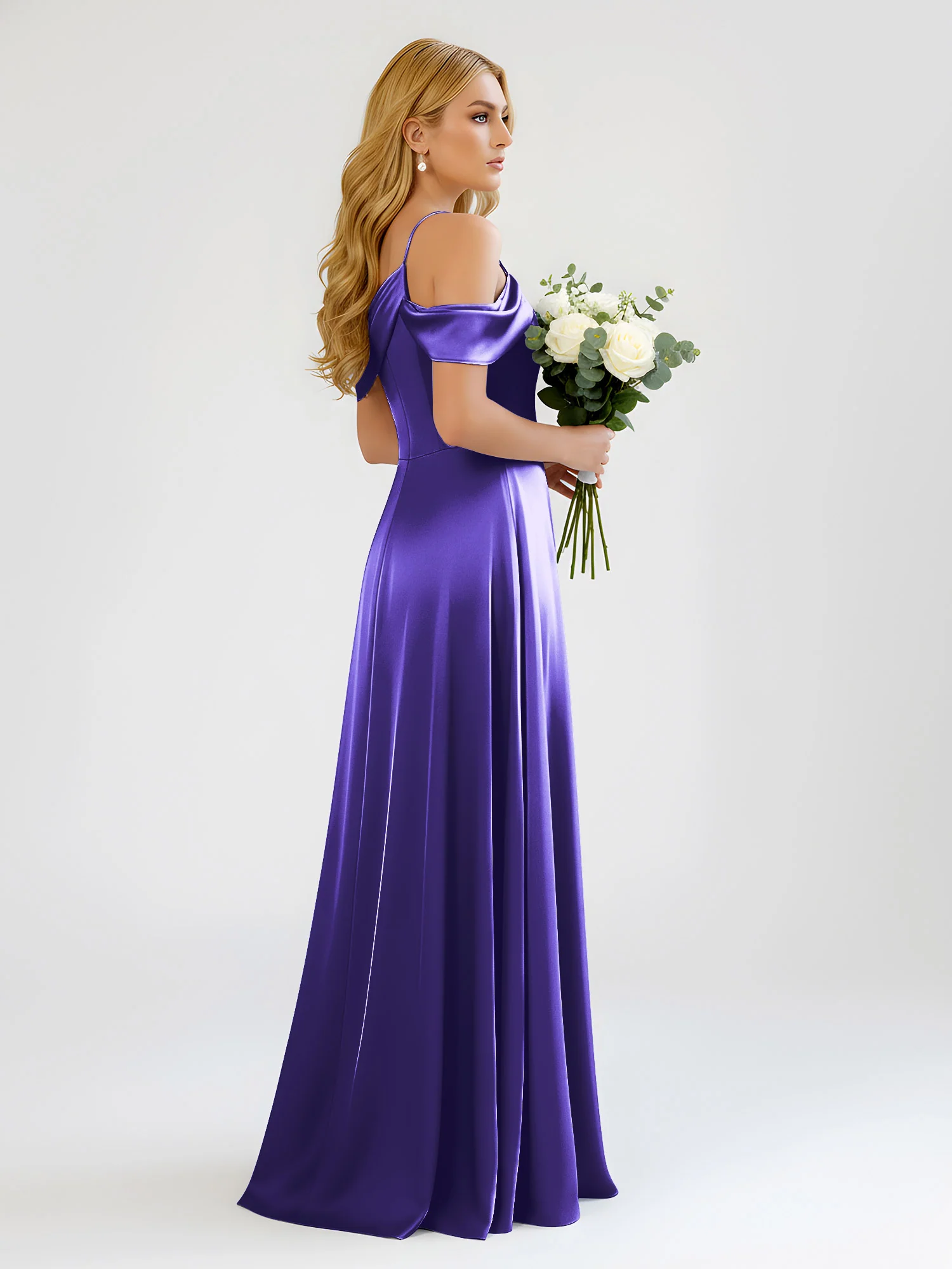 One-Shoulder Drape Satin Slit A-Line Gown Regency - Image 2