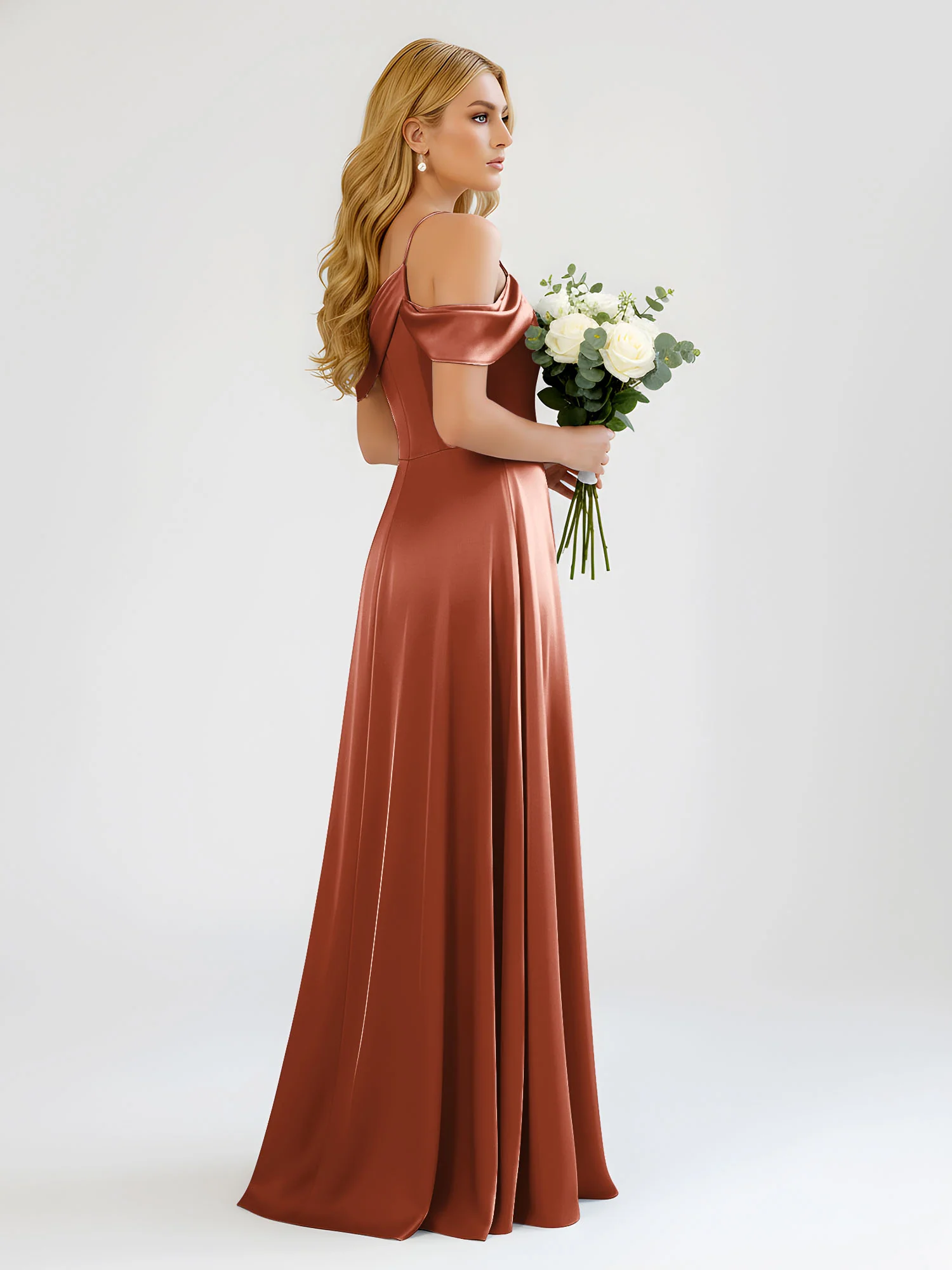 One-Shoulder Drape Satin Slit A-Line Gown Rust - Image 2