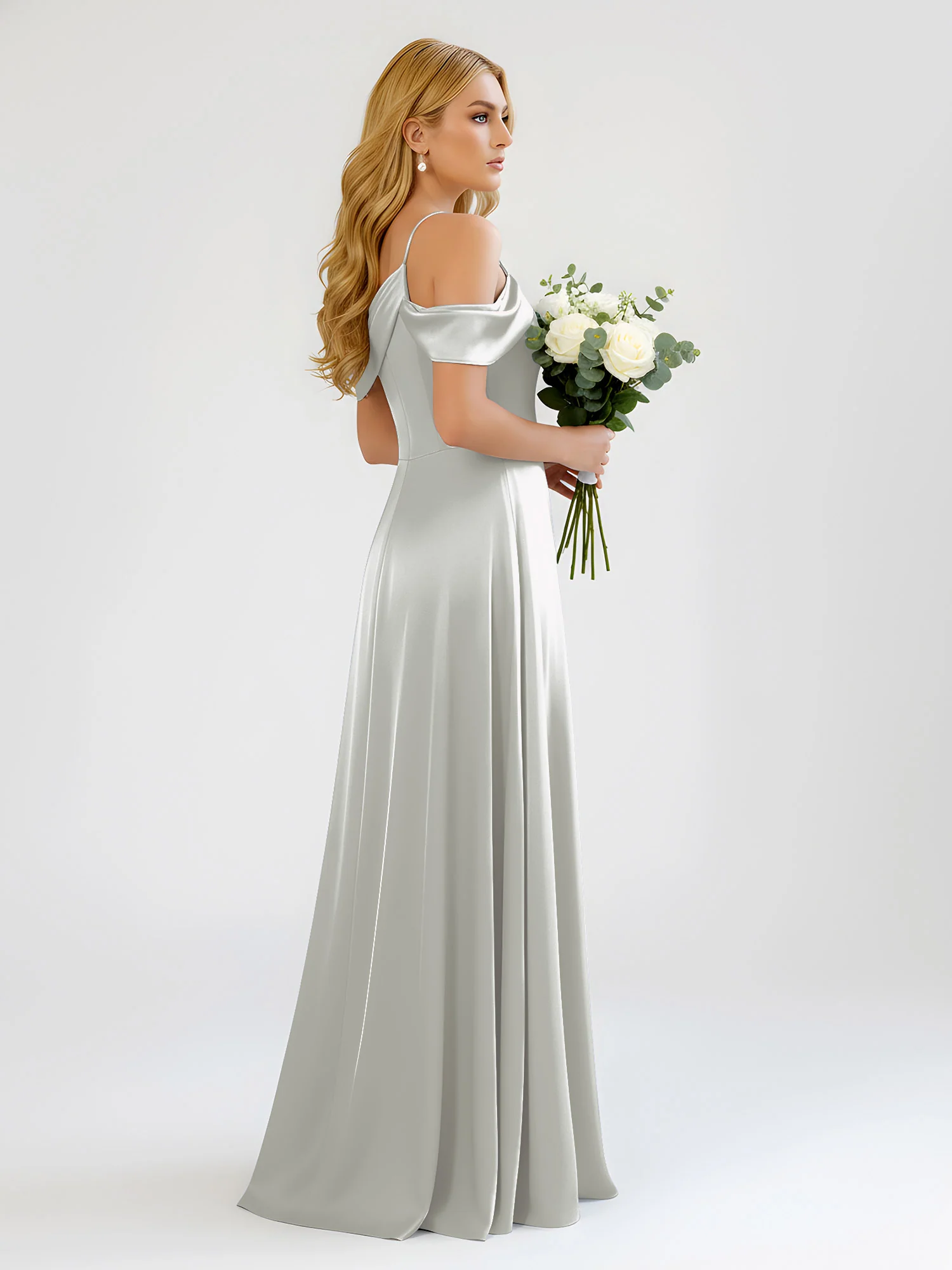 One-Shoulder Drape Satin Slit A-Line Gown Silver - Image 2