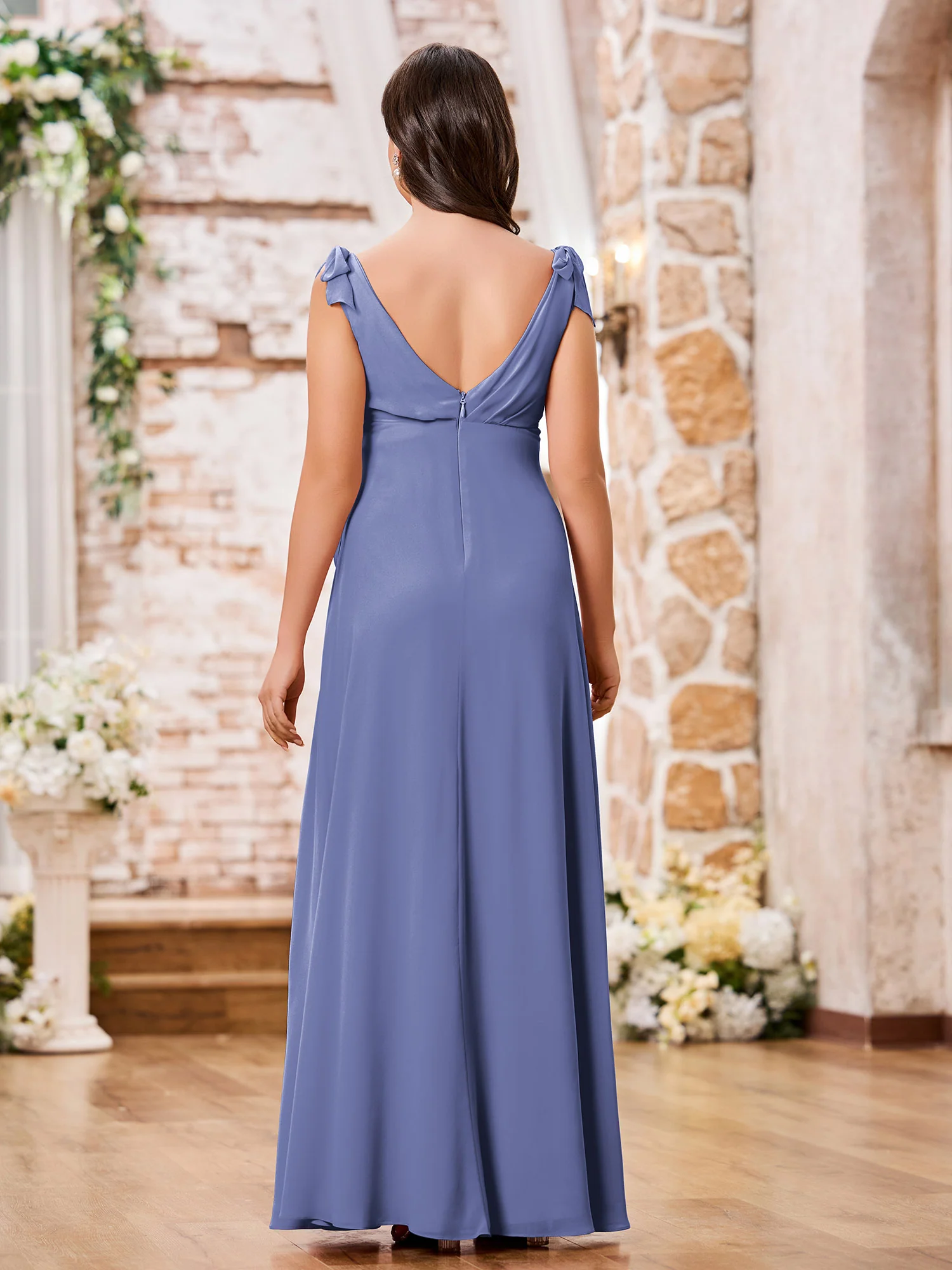 Deep V-neck Chiffon Maternity Dresses with Shoulder Bows Periwinkle - Image 2