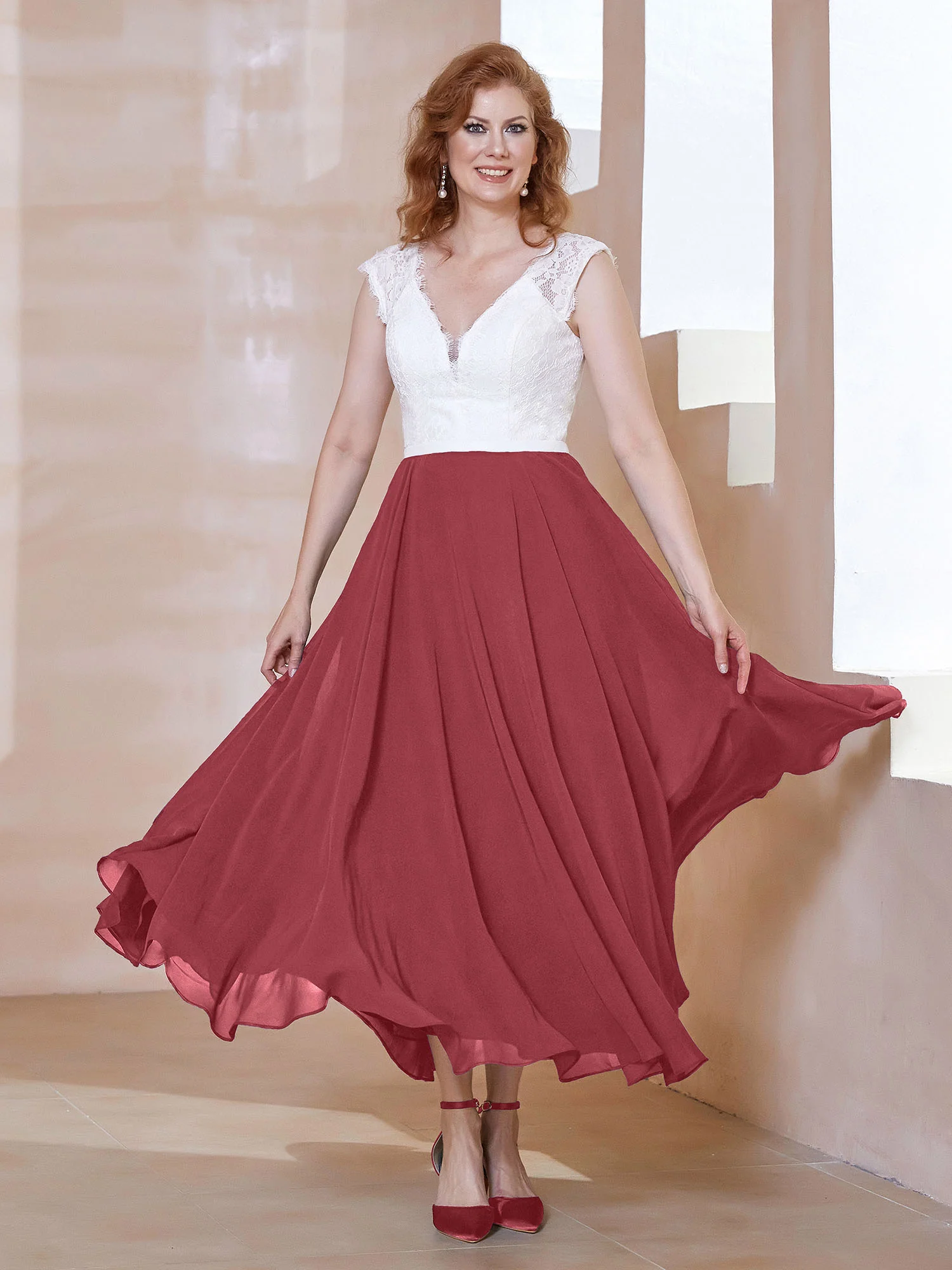 Deep V Neck Sleeveless Chiffon Dress With Pockets Cinnamon Rose