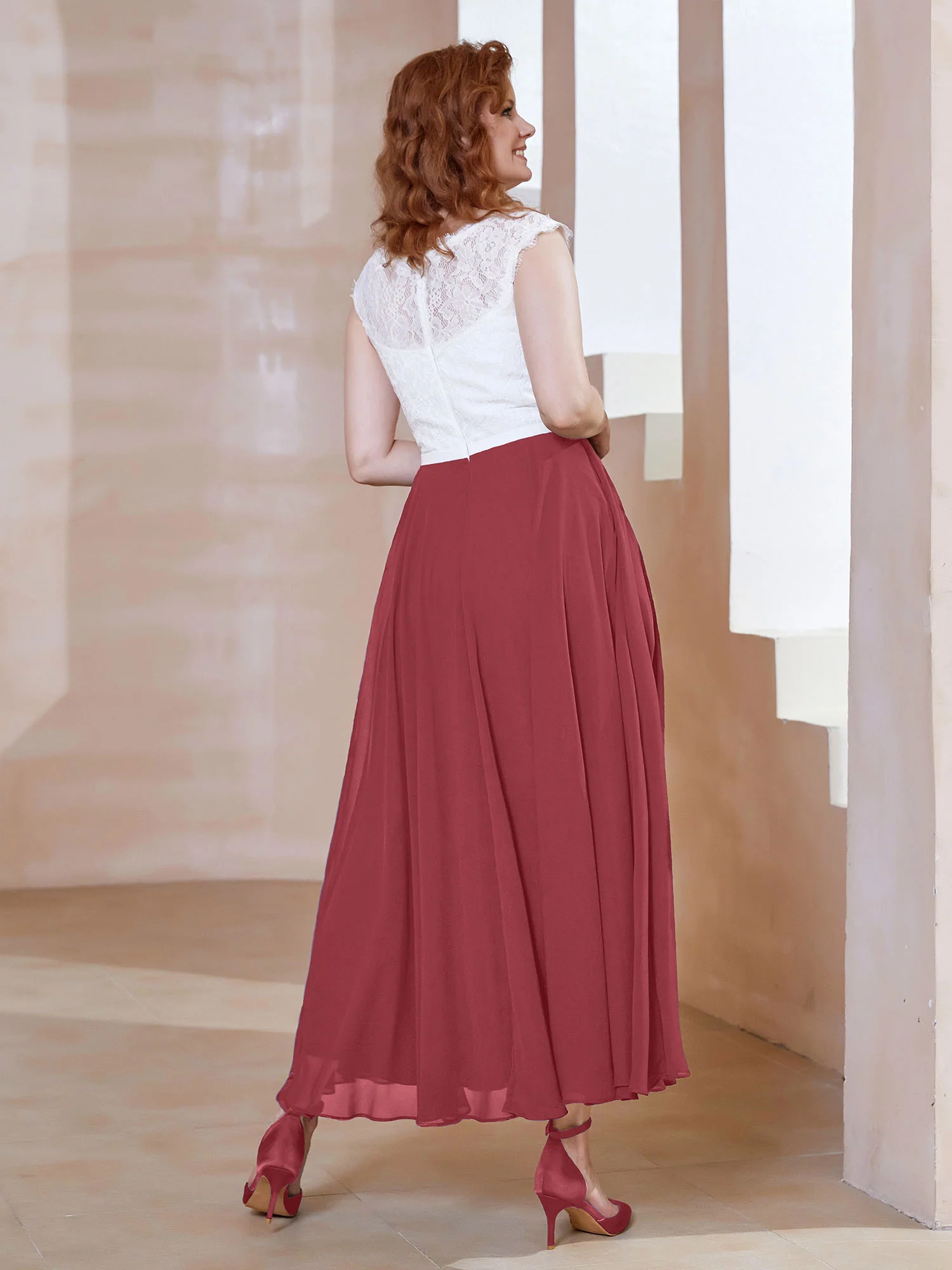 Deep V Neck Sleeveless Chiffon Dress With Pockets Cinnamon Rose - Image 2