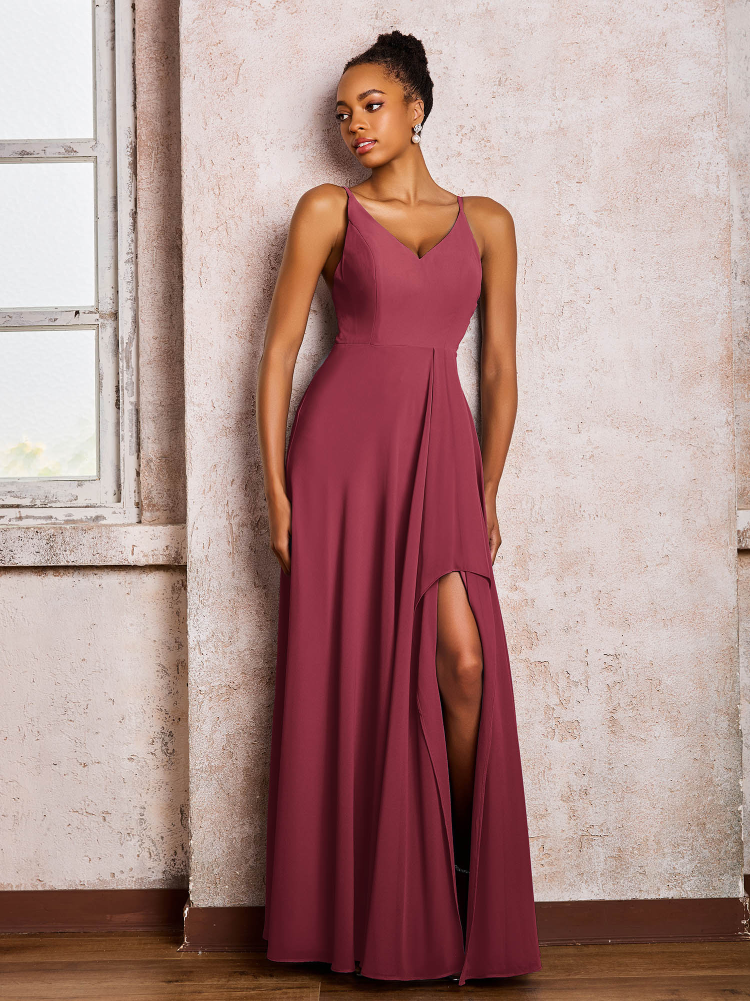 Deep V-neck Slit Chiffon Dresses With Spaghetti Straps Cinnamon Rose