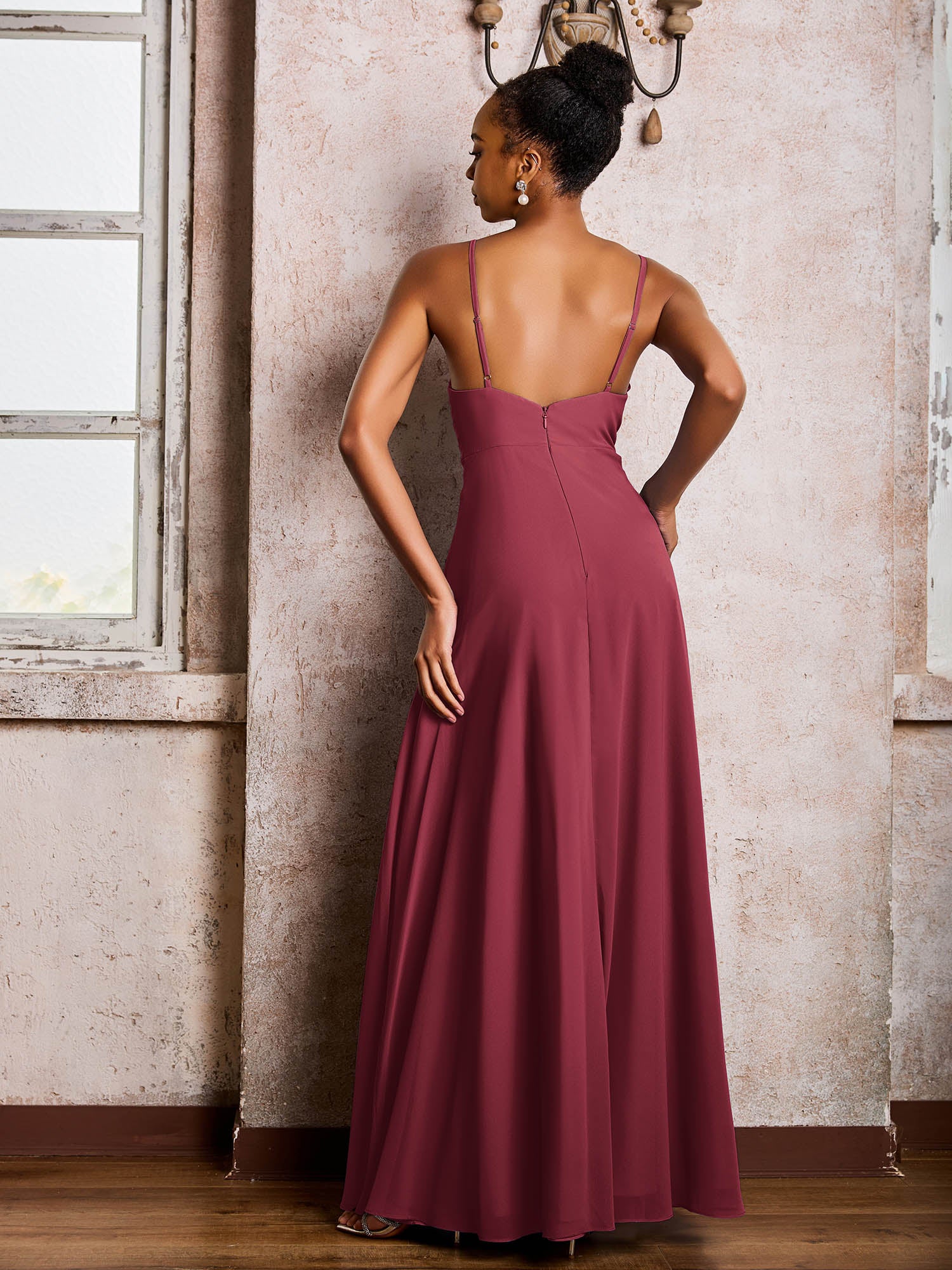 Deep V-neck Slit Chiffon Dresses With Spaghetti Straps Cinnamon Rose - Image 2