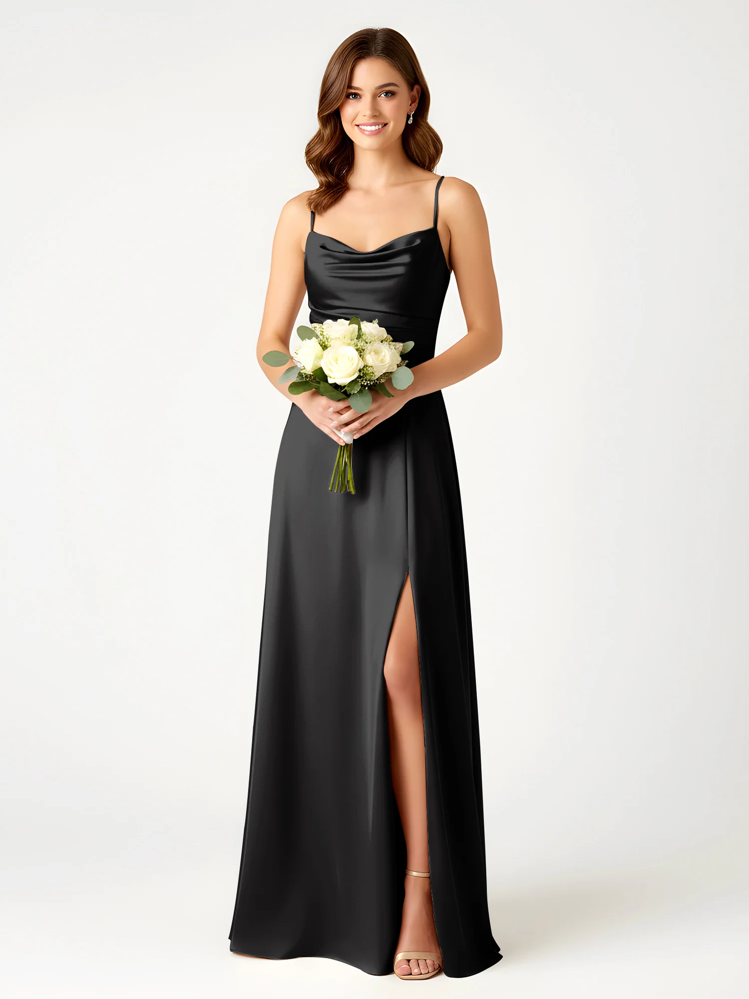 Cowl Neck Spaghetti Strap Acetate Satin Gown with Slit Black
