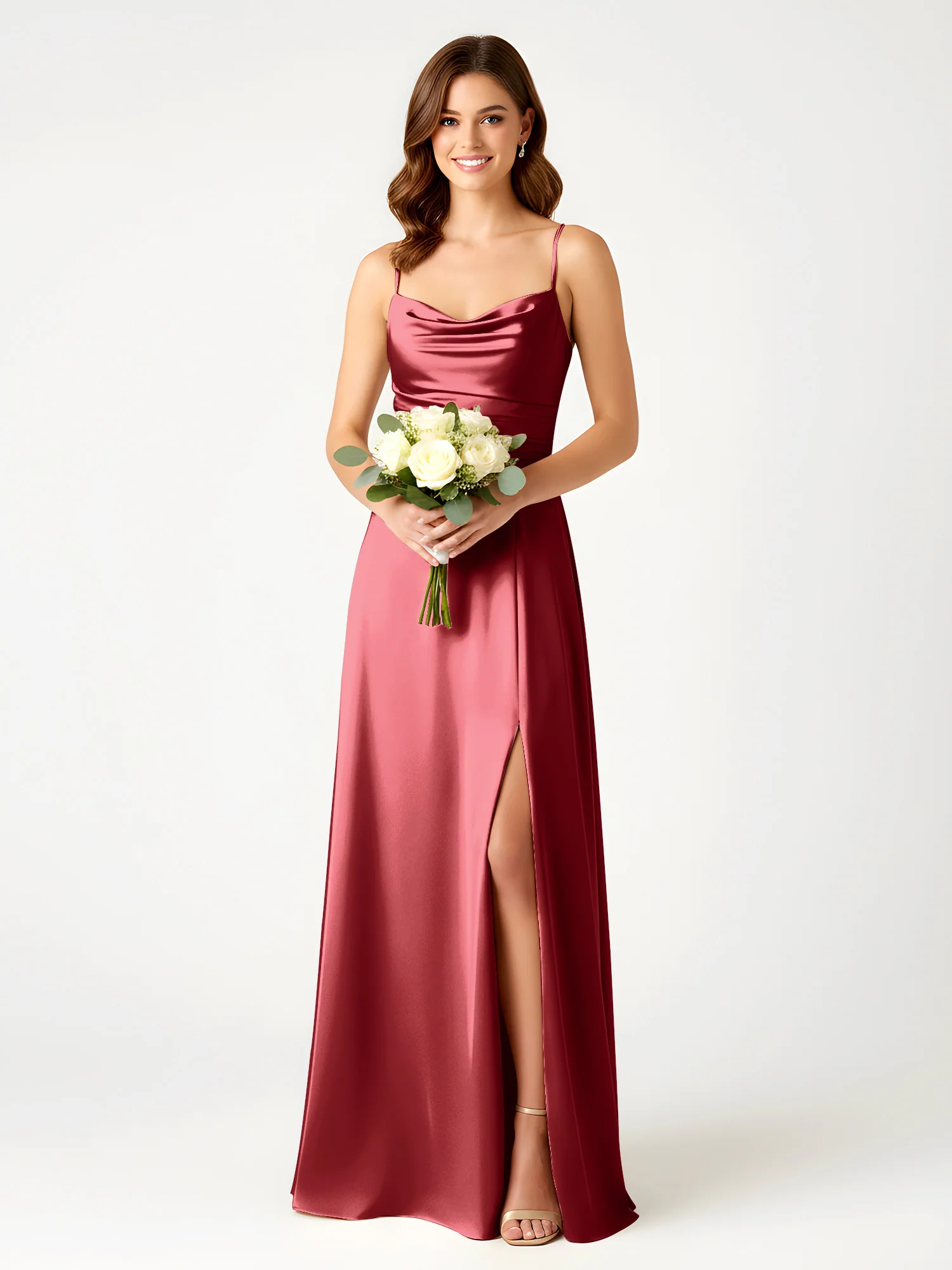Cowl Neck Spaghetti Strap Acetate Satin Gown with Slit Burgundy