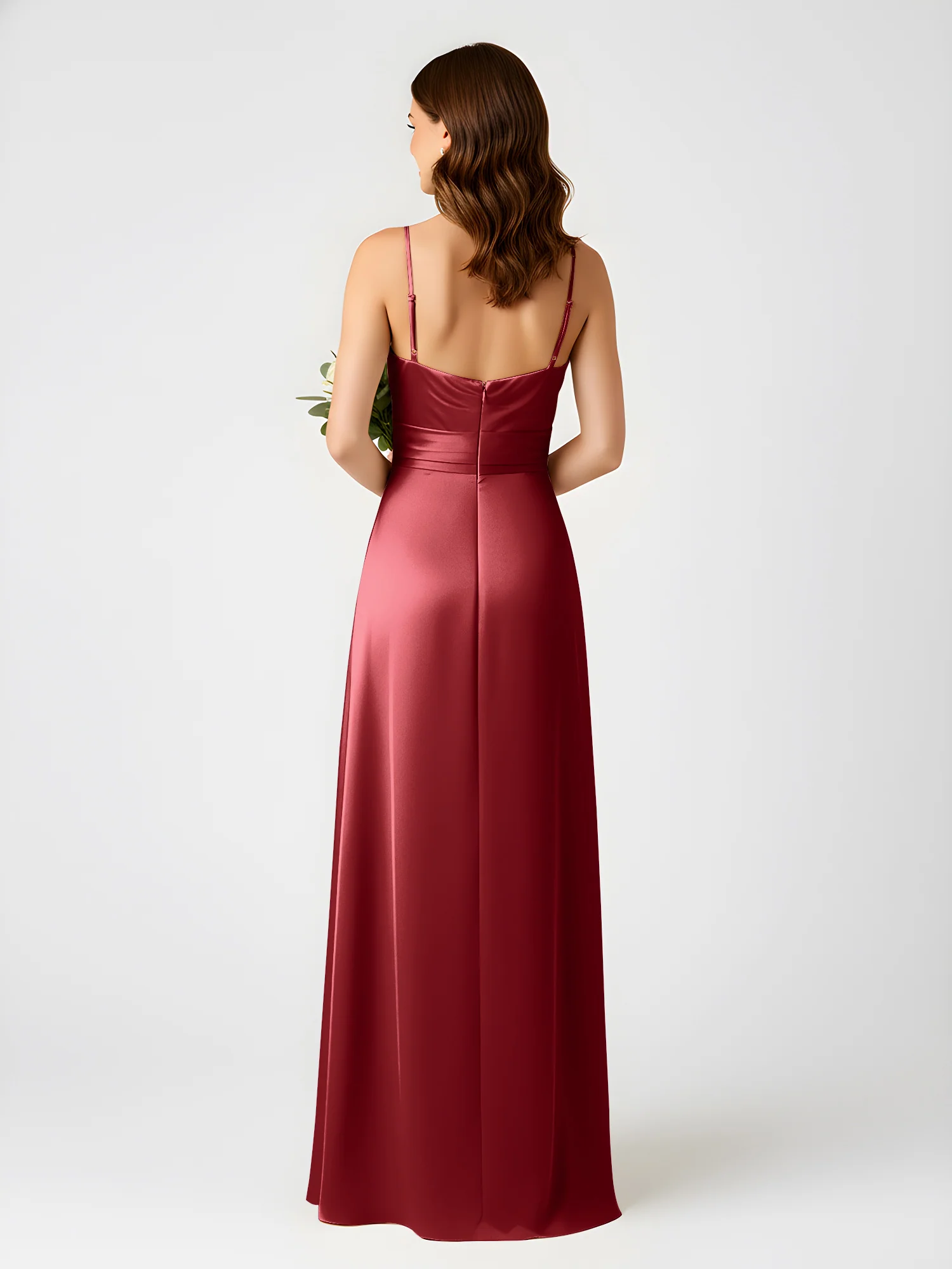 Cowl Neck Spaghetti Strap Acetate Satin Gown with Slit Burgundy - Image 2