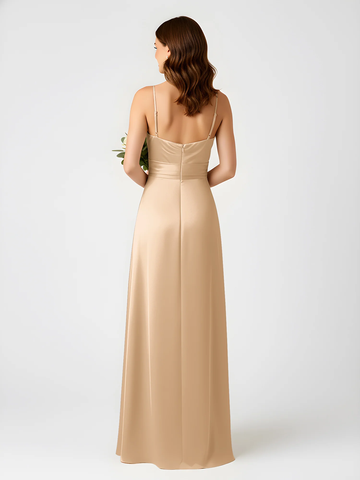 Cowl Neck Spaghetti Strap Acetate Satin Gown with Slit Champagne - Image 2