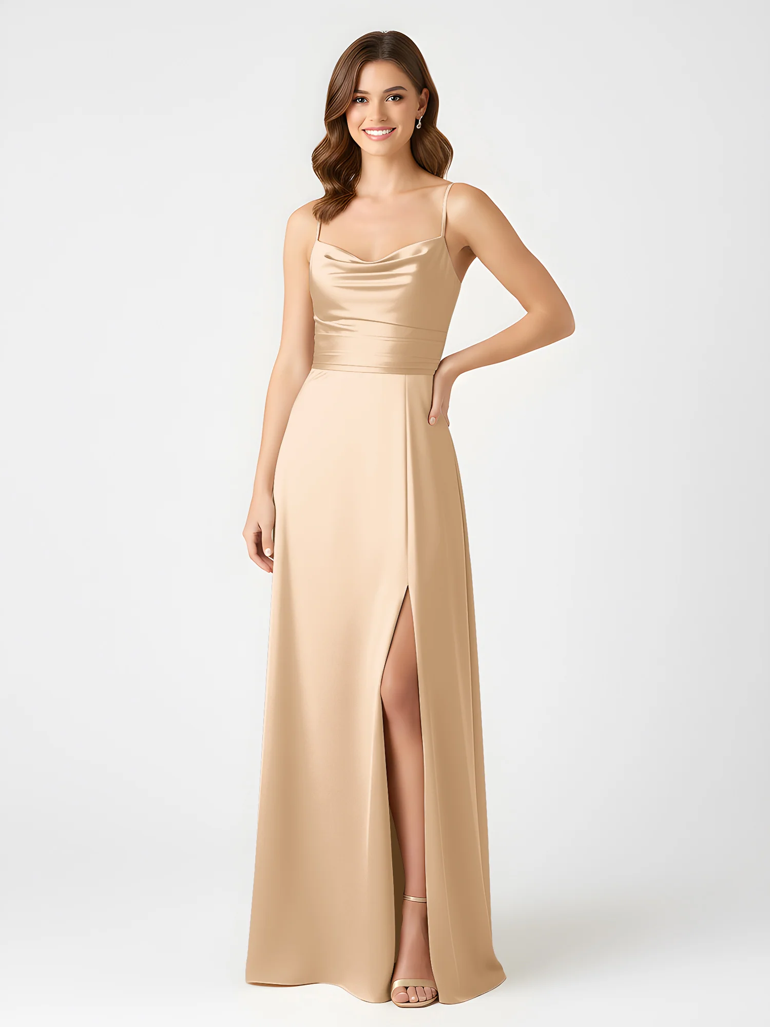 Cowl Neck Spaghetti Strap Acetate Satin Gown with Slit Champagne - Image 3