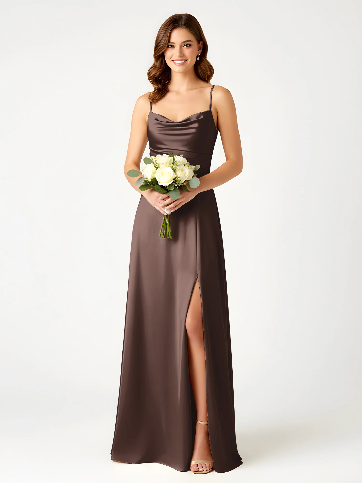 Cowl Neck Spaghetti Strap Acetate Satin Gown with Slit Chocolate