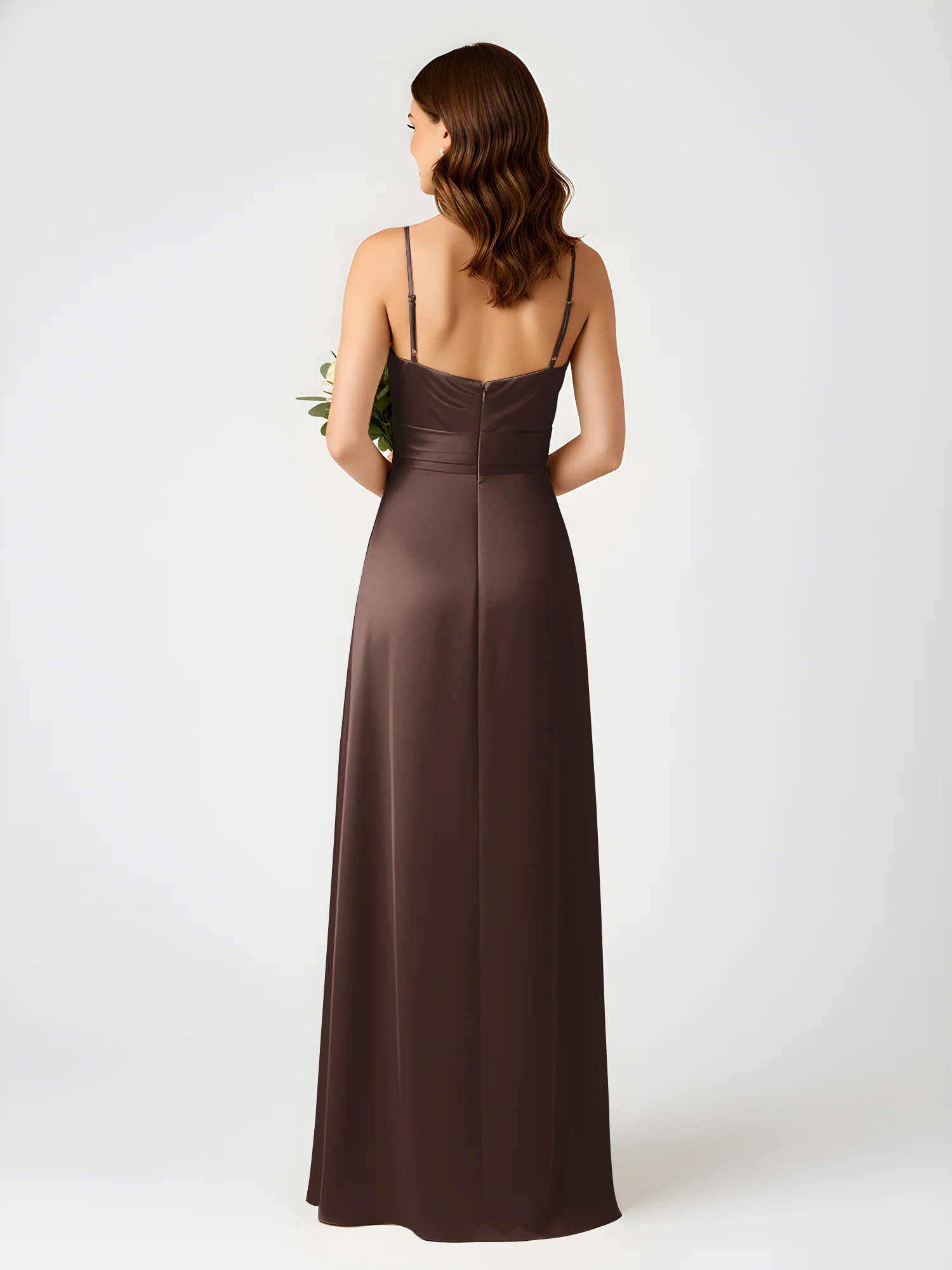 Cowl Neck Spaghetti Strap Acetate Satin Gown with Slit Chocolate - Image 2