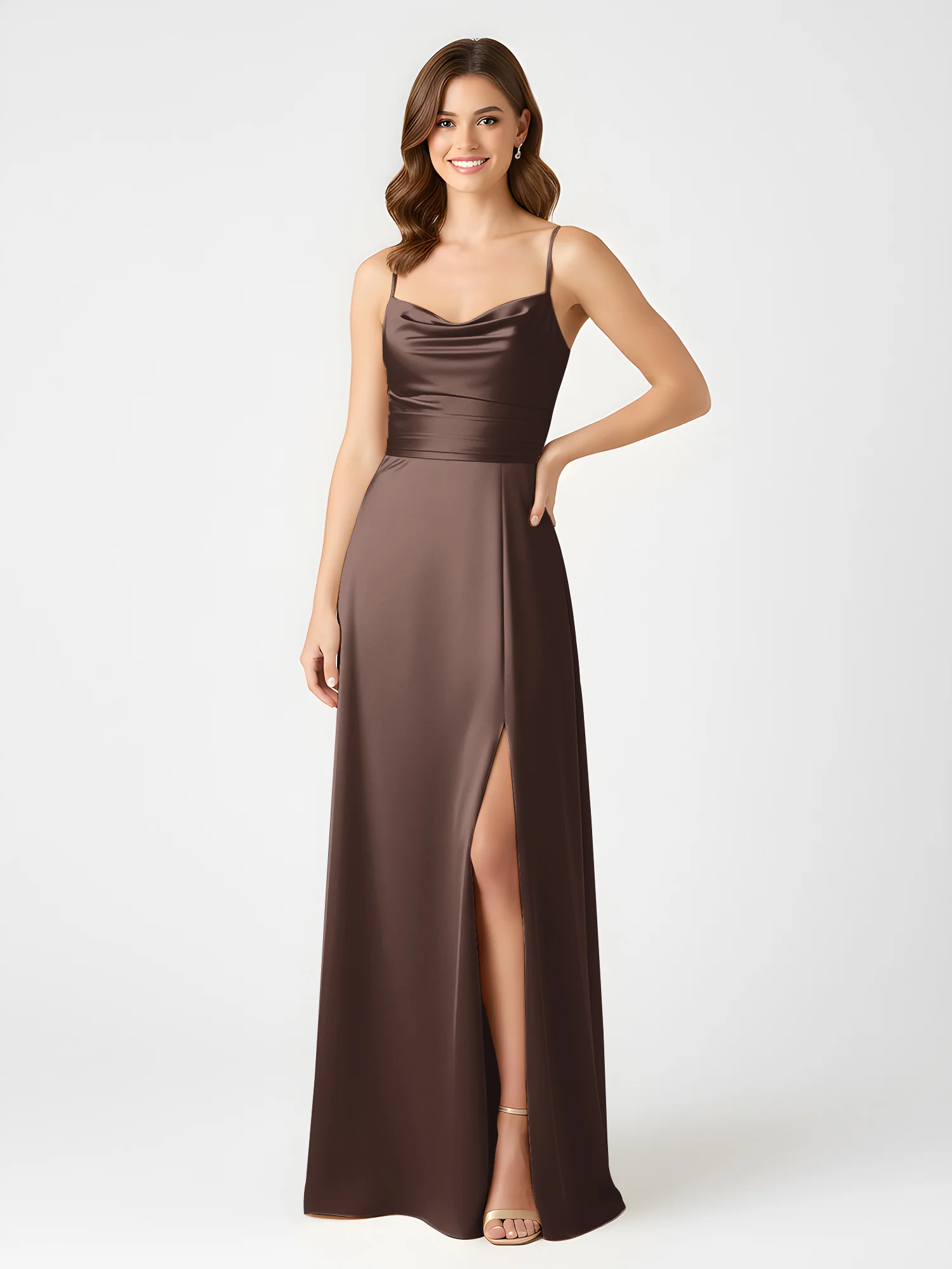 Cowl Neck Spaghetti Strap Acetate Satin Gown with Slit Chocolate - Image 3