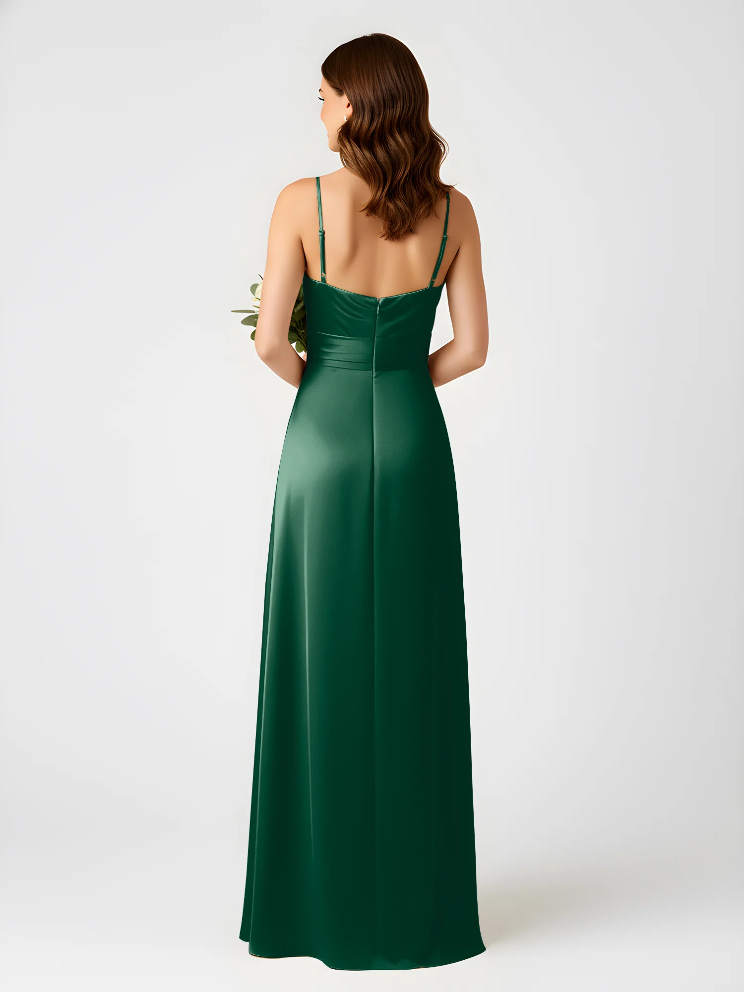 Cowl Neck Spaghetti Strap Acetate Satin Gown with Slit Dark Green - Image 2