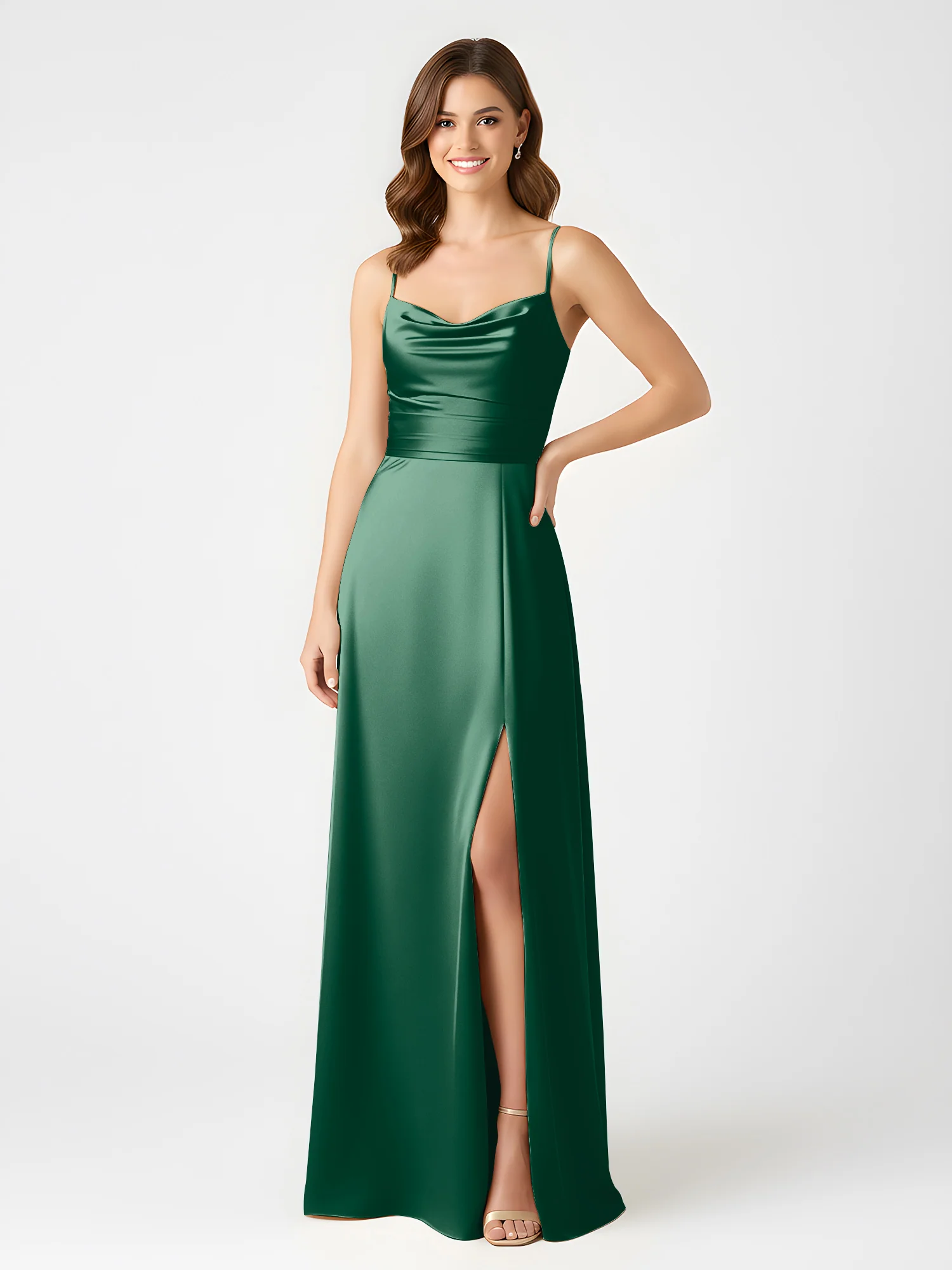 Cowl Neck Spaghetti Strap Acetate Satin Gown with Slit Dark Green - Image 3