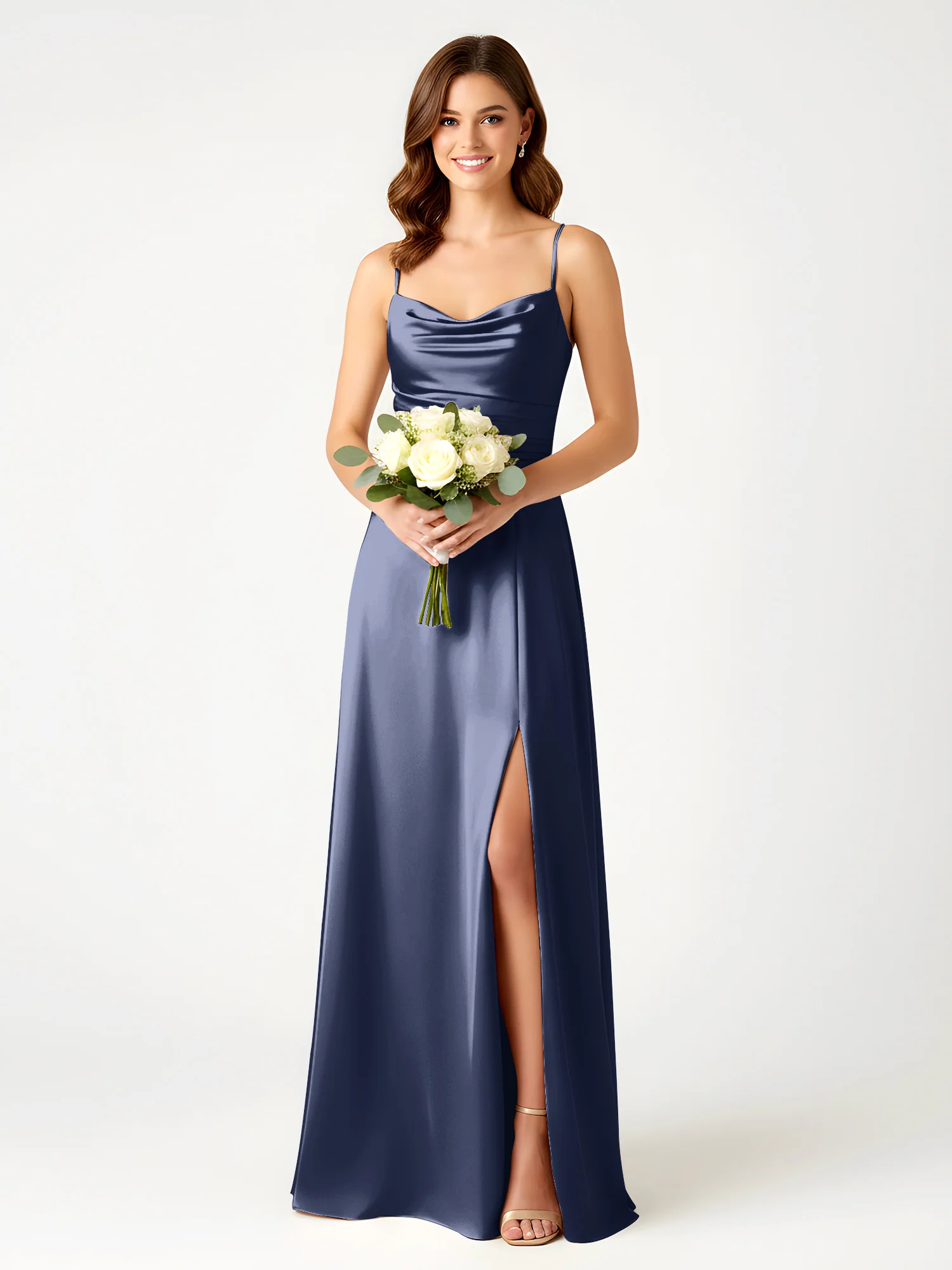 Cowl Neck Spaghetti Strap Acetate Satin Gown with Slit Dark Navy