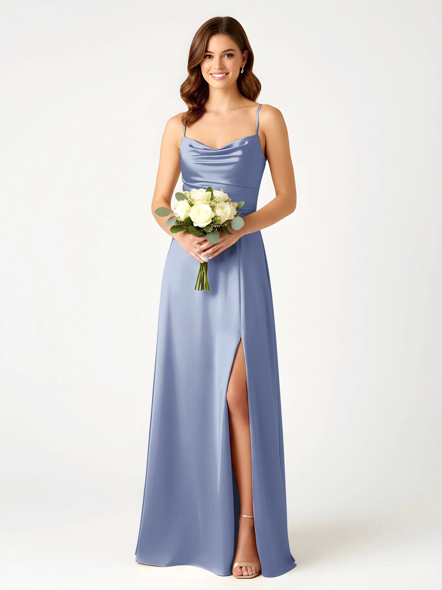 Cowl Neck Spaghetti Strap Acetate Satin Gown with Slit Dusty Blue