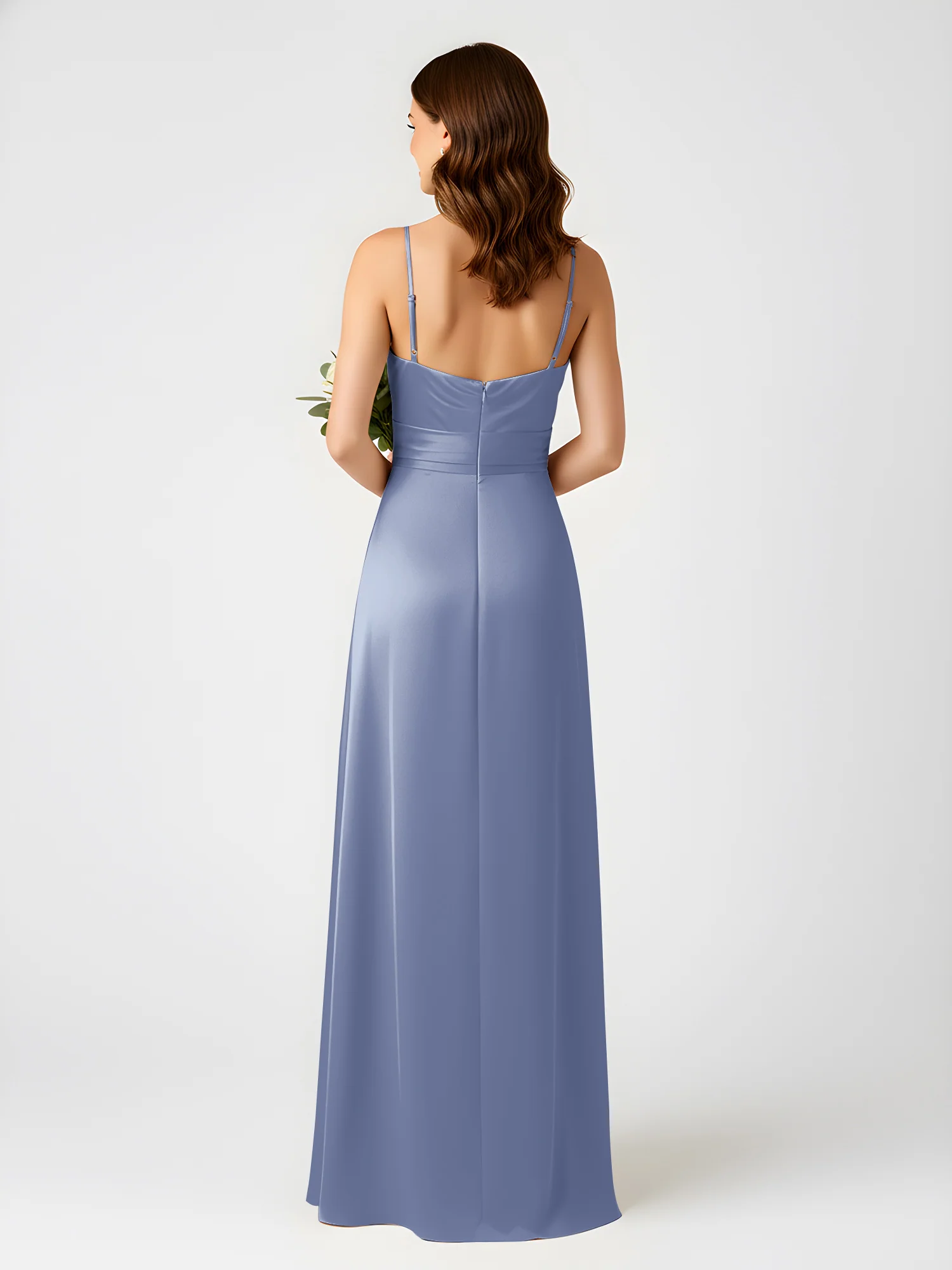 Cowl Neck Spaghetti Strap Acetate Satin Gown with Slit Dusty Blue - Image 2