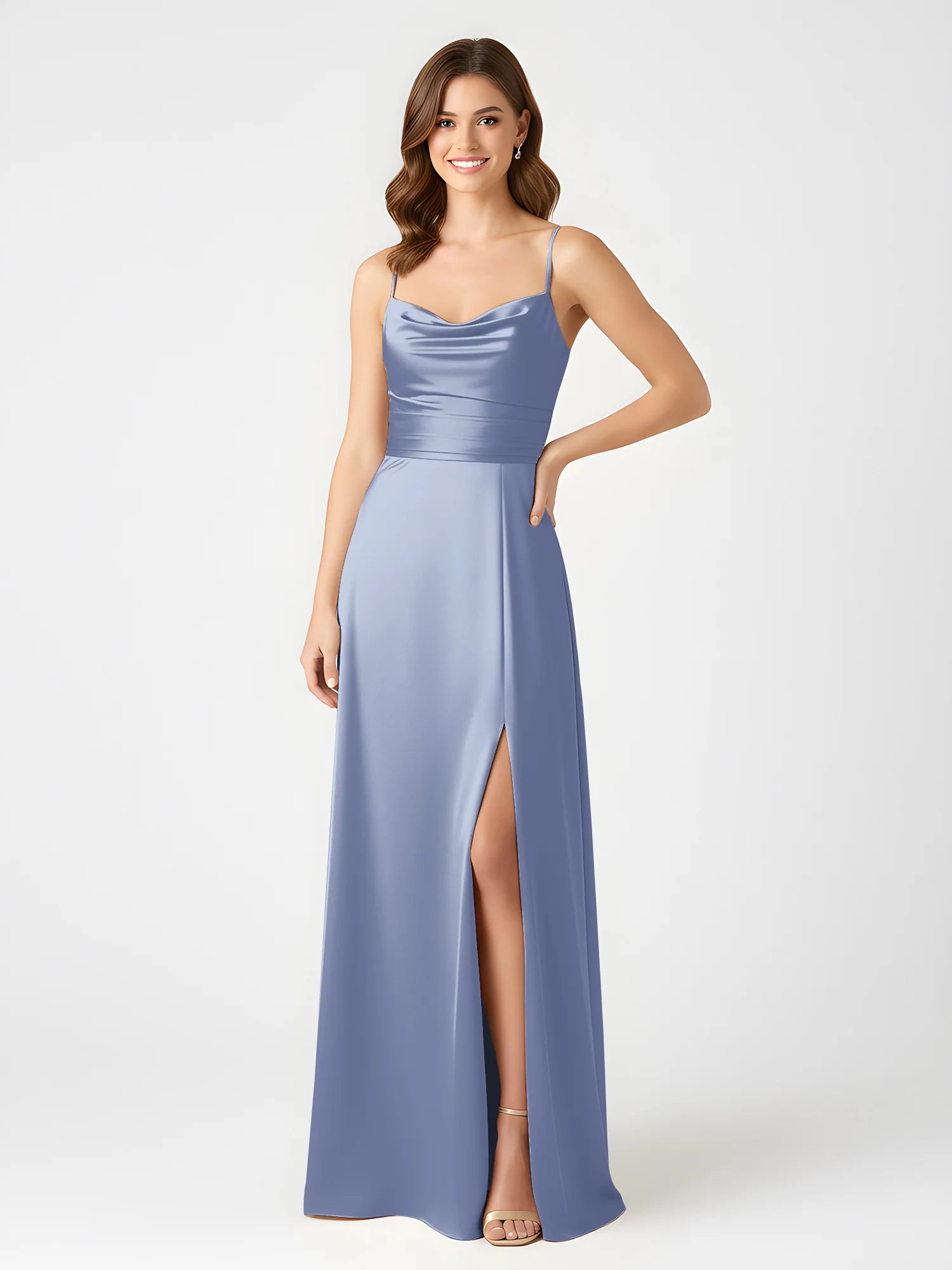 Cowl Neck Spaghetti Strap Acetate Satin Gown with Slit Dusty Blue - Image 3